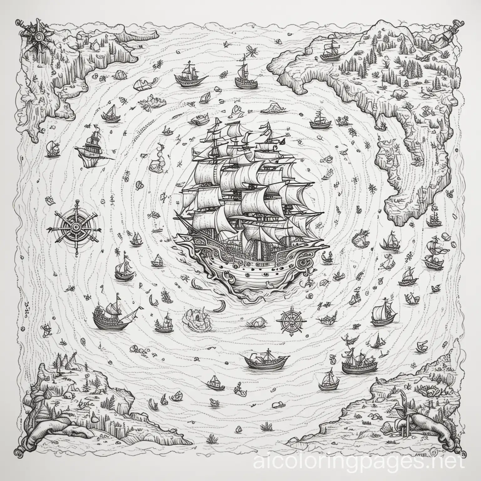 pirate treasure map, Coloring Page, black and white, line art, white background, Simplicity, Ample White Space. The background of the coloring page is plain white to make it easy for young children to color within the lines. The outlines of all the subjects are easy to distinguish, making it simple for kids to color without too much difficulty