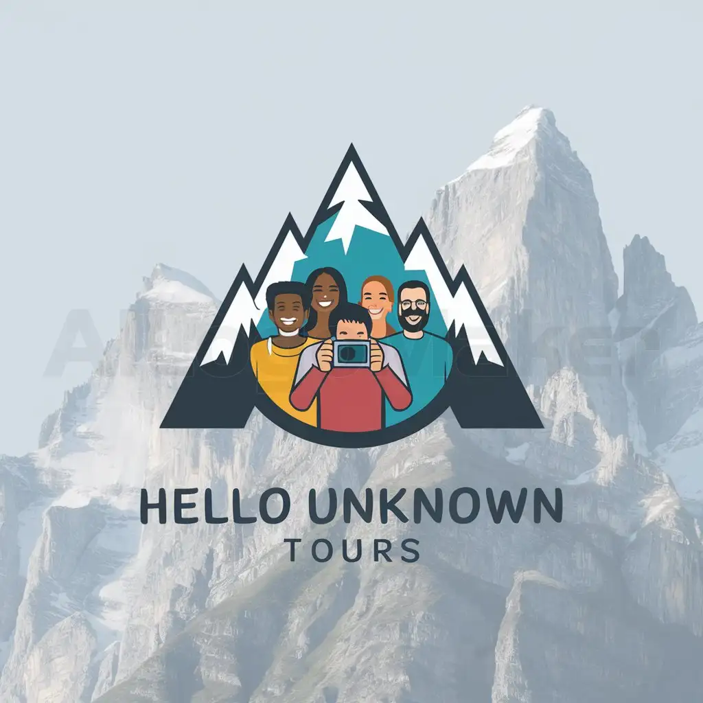 a logo design,with the text "Hello Unknown Tours", main symbol:group of people in the mountains,complex,be used in Travel industry,clear background