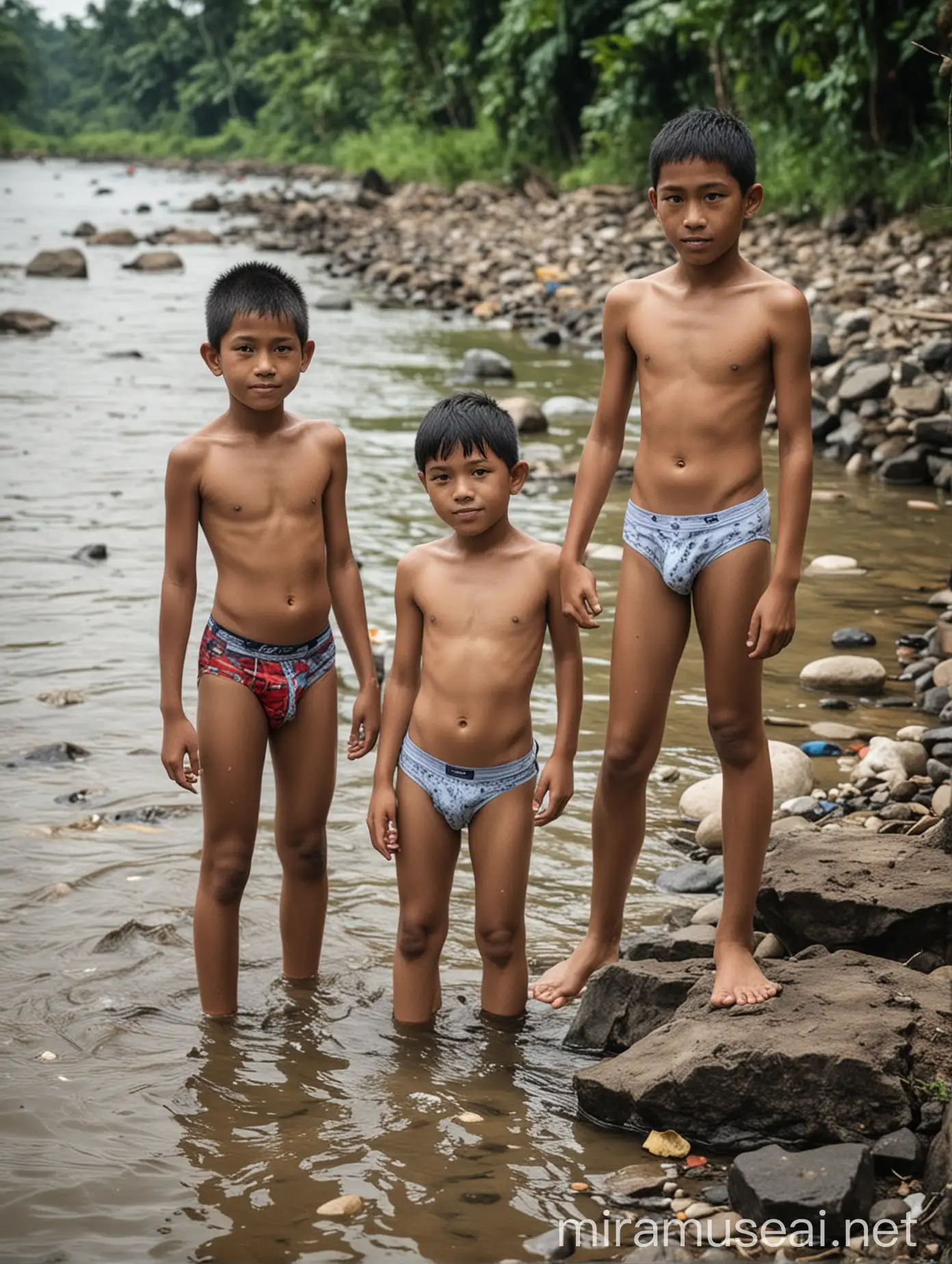 Indonesian Boys Playing in River in Underwear