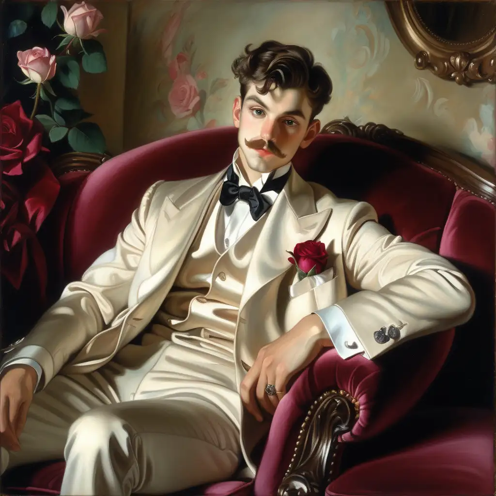 Melancholic Young Man in Velvet Smoking Jacket on Satin Rose Sofa