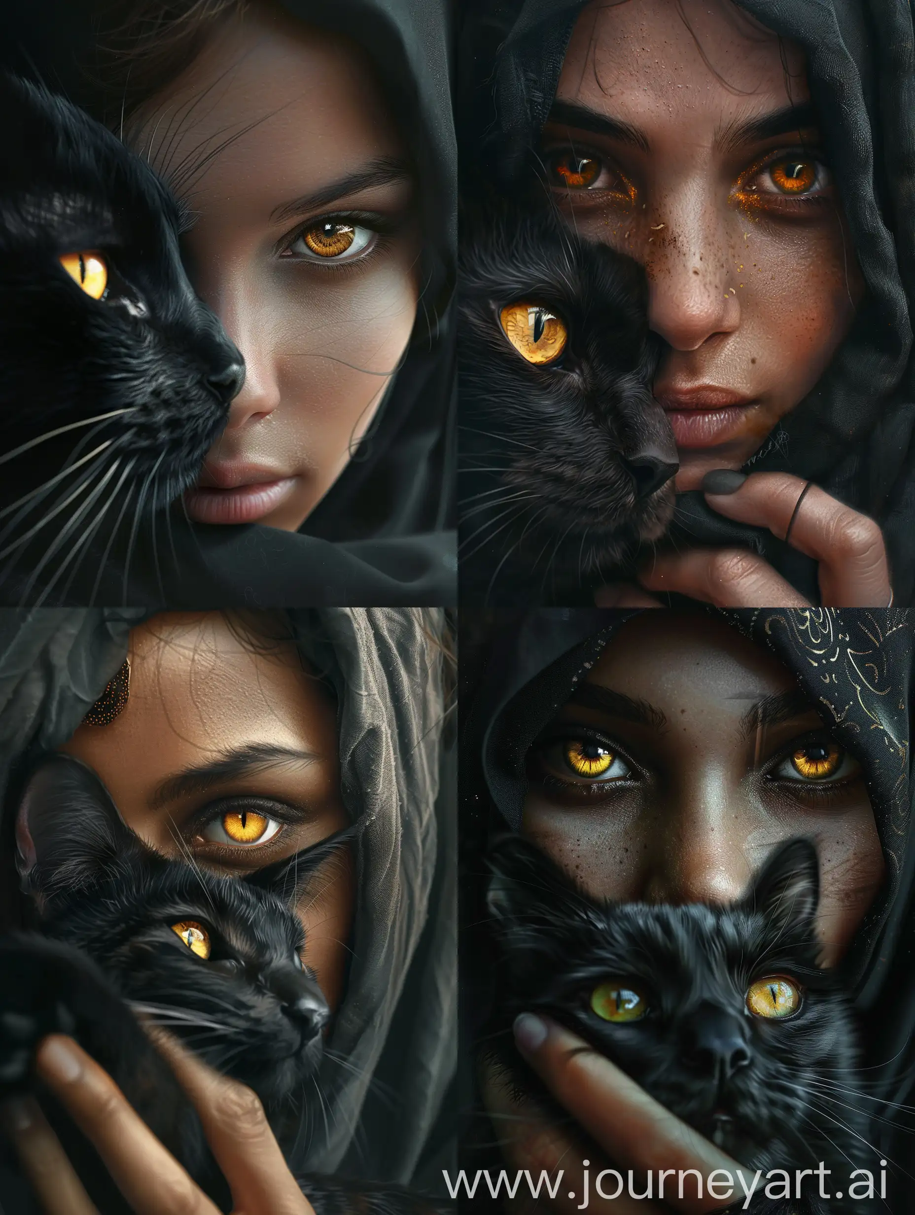 Close-up portrait of a young woman hijab, holding a black cat in front of her face, both having striking yellow eyes, intimate and mysterious atmosphere, inspired by contemporary portrait photography, soft lighting, detailed textures, realistic shading, capturing the bond between the woman and her cat, emphasizing the contrast between their dark features and the bright eyes, highly detailed, realistic skin and fur textures