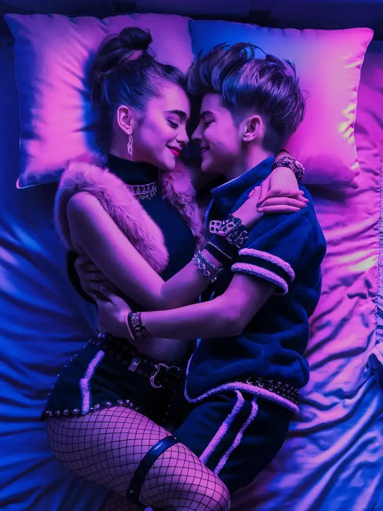 Teenage-Siren-Girl-and-Incubus-Boy-Cuddling-on-Bed-in-Raver-Attire