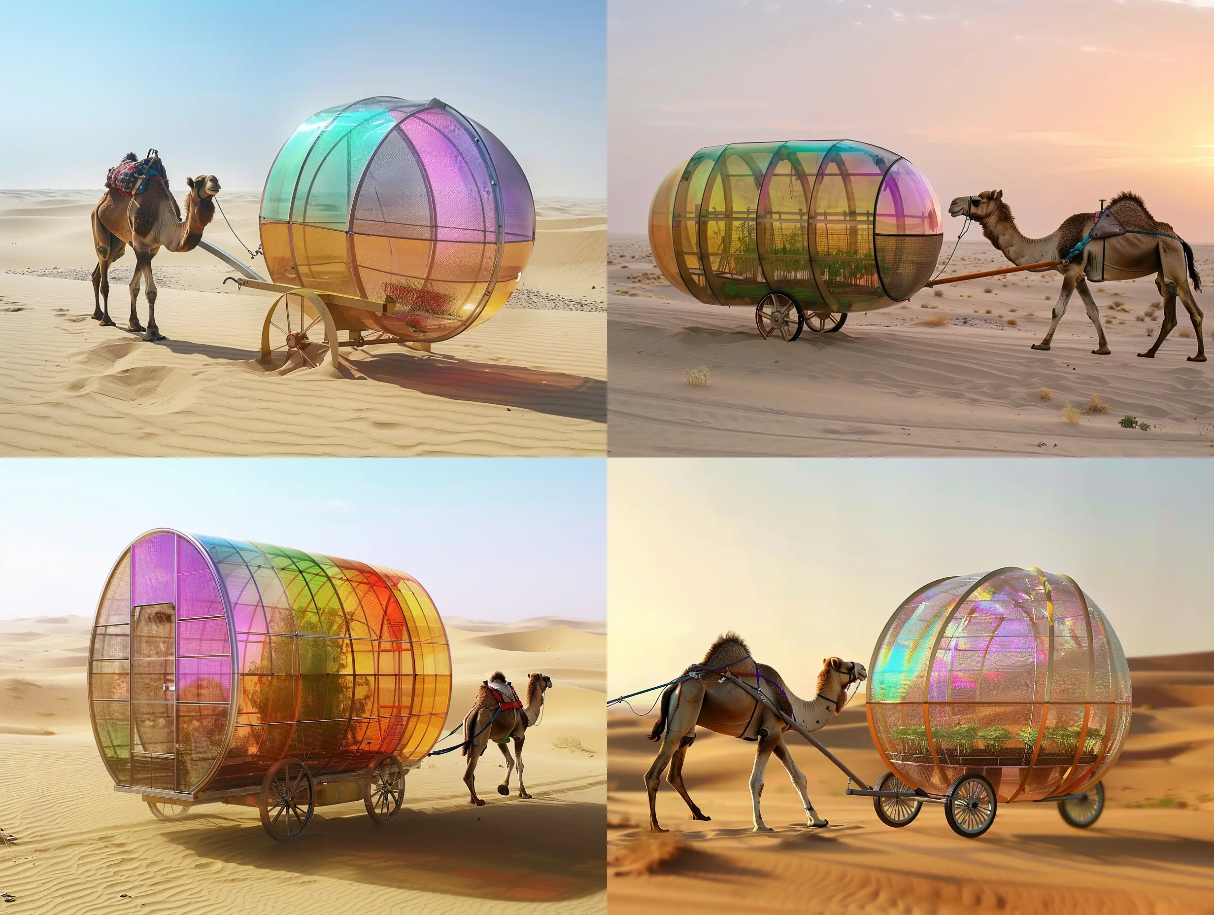 沙漠中有个装置，由骆驼拉着运行，顶端是可随着太阳光变色的变色玻璃，两侧是网格布，这个装置用来为幼年植物提供适宜的生长环境，没有轮子，结构不要太简陋
