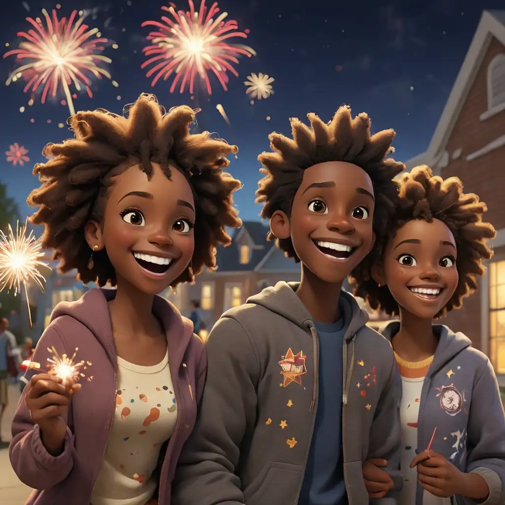 defined 3D cartoon-style African Americans at the community center smiling at night with fireworks