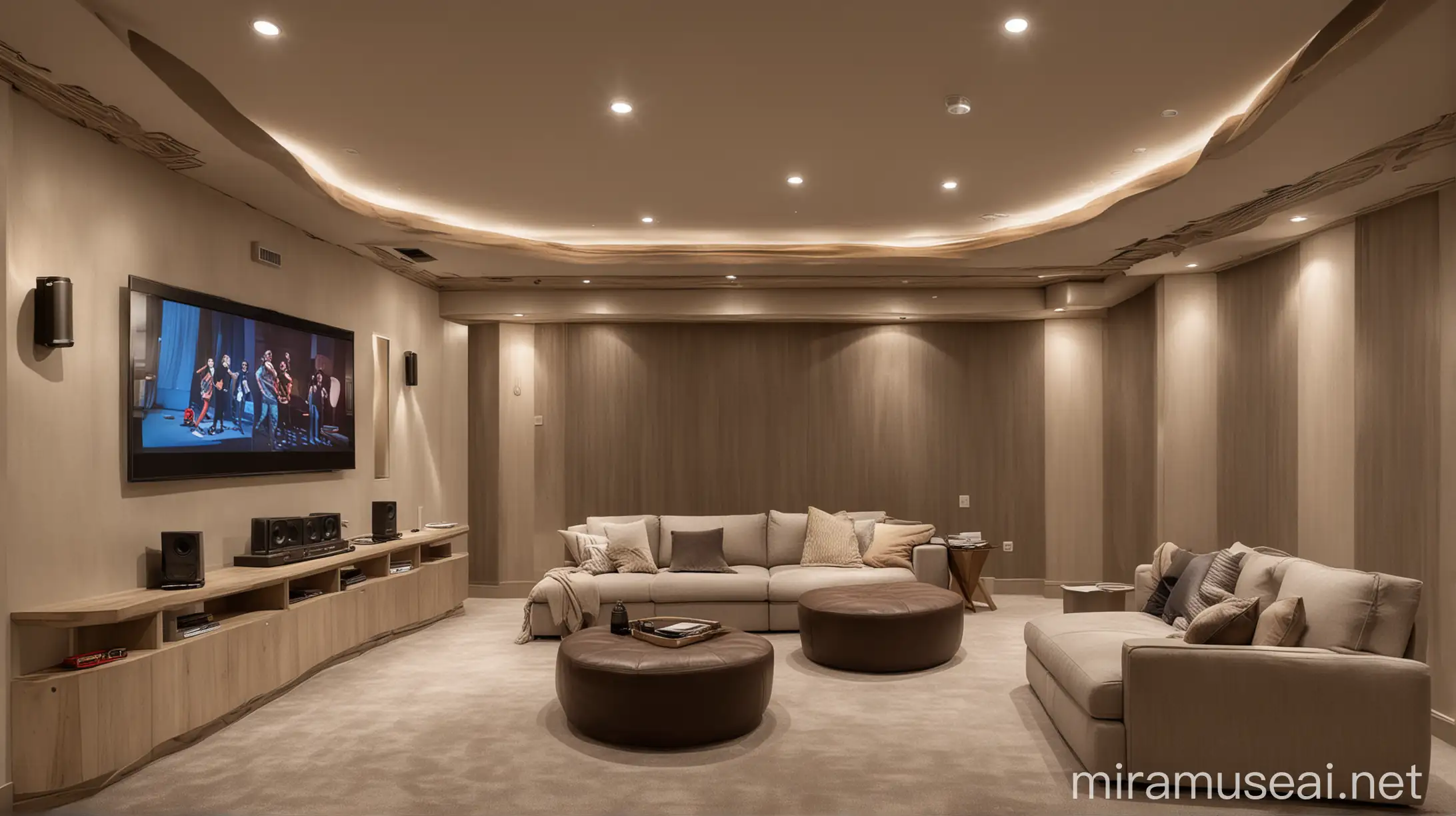 A room that functions as both a home theater and a family room with flexible seating and a hidden screen.