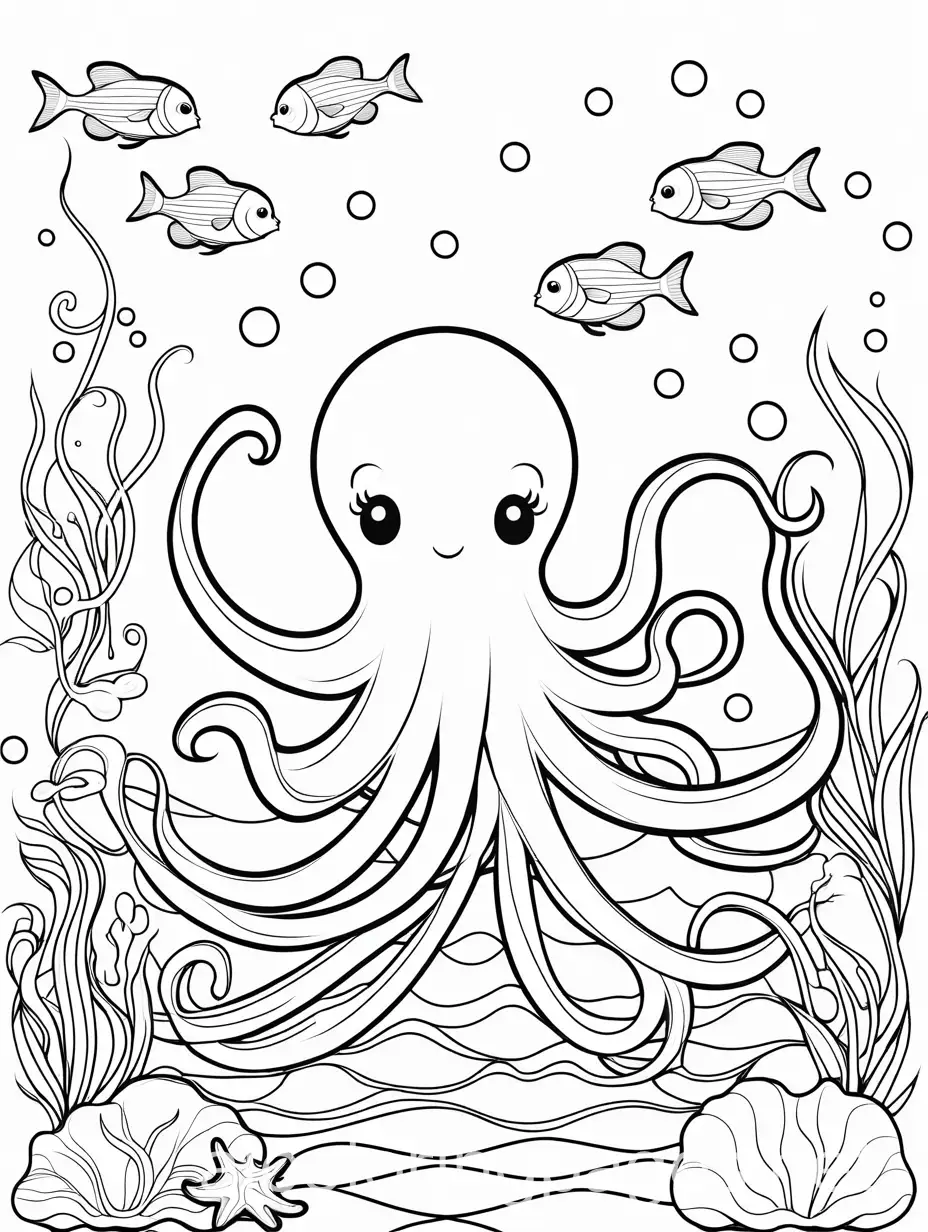 create me a coloring page of  A playful octopus with its tentacles spread out, interacting with various sea creatures and objects it should be simple its for kids in the age of 7 years old, Coloring Page, black and white, line art, white background, Simplicity, Ample White Space. The background of the coloring page is plain white to make it easy for young children to color within the lines. The outlines of all the subjects are easy to distinguish, making it simple for kids to color without too much difficulty