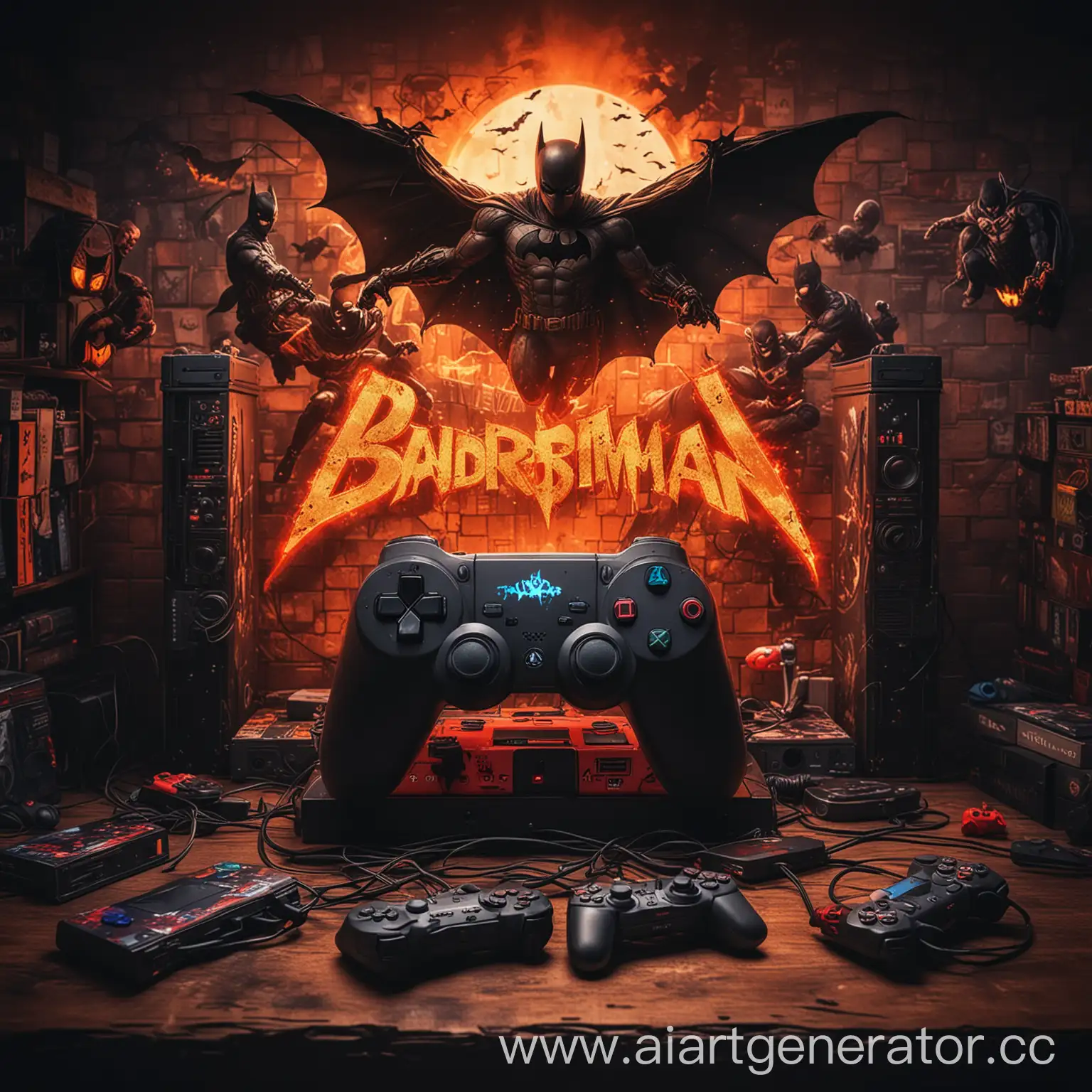 Gamers-Paradise-Retro-Consoles-Superheroes-and-Fiery-Background