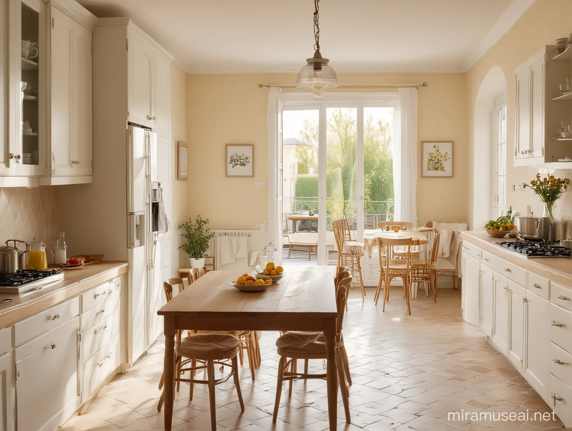 Kitchen, wide angle, proportional, symmetrical, warm, sunny kitchen, French interior set, warm, sunny light, lively, strong light, decorative objects on the wall, modern dining table on the left, cheerful cotton and linen colors, very sunny and bright, warm sun