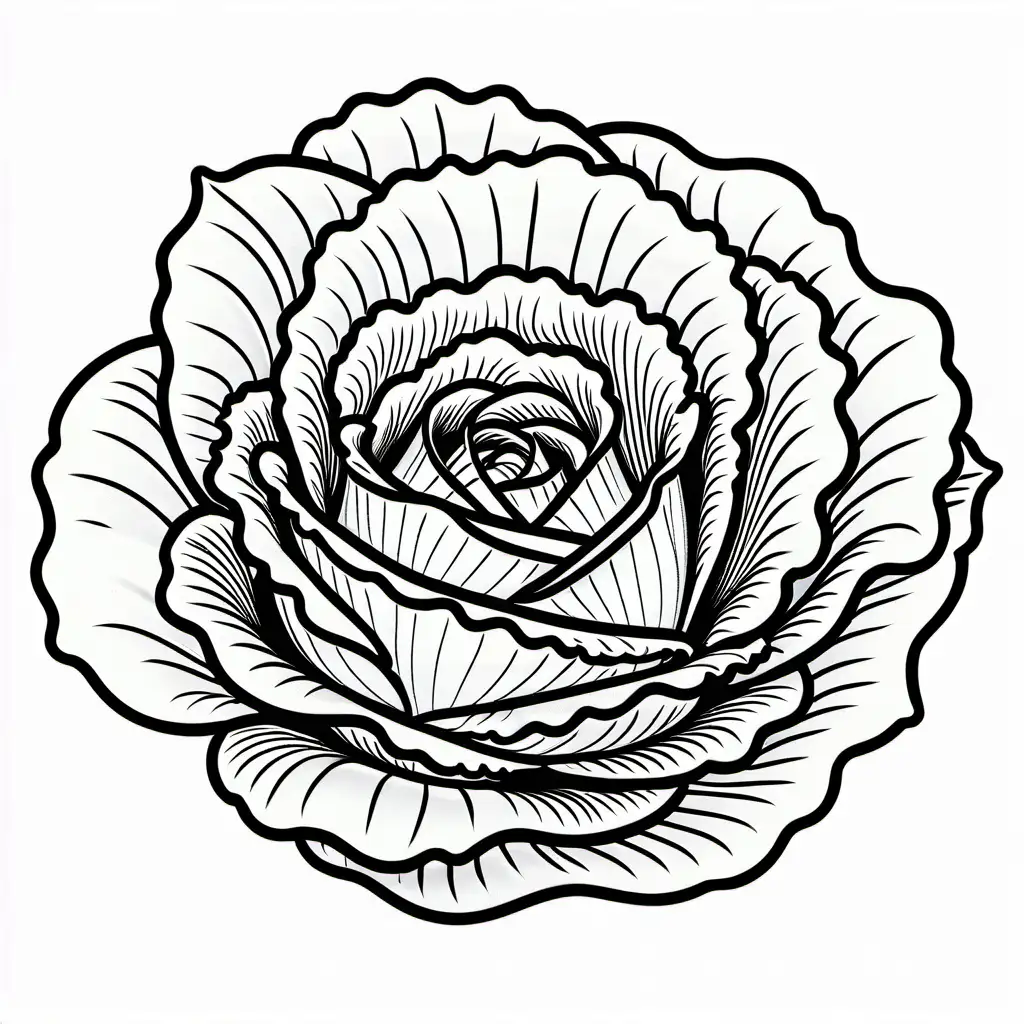 Lettuce vegetable, Coloring Page, black and white, line art, white background, Simplicity, Ample White Space. The background of the coloring page is plain white to make it easy for young children to color within the lines. The outlines of all the subjects are easy to distinguish, making it simple for kids to color without too much difficulty
