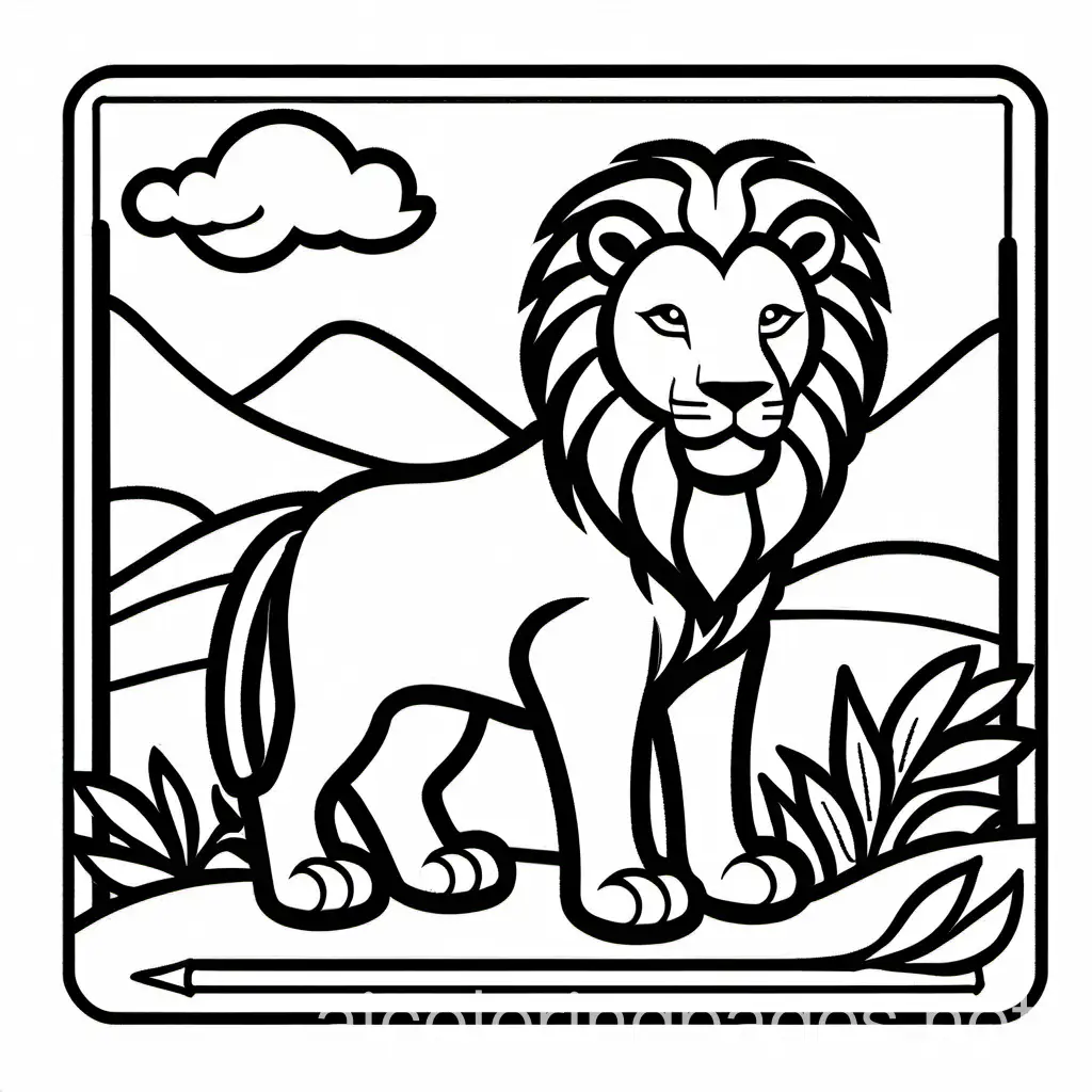 write the word LION , Coloring Page, black and white, line art, white background, Simplicity, Ample White Space. The background of the coloring page is plain white to make it easy for young children to color within the lines. The outlines of all the subjects are easy to distinguish, making it simple for kids to color without too much difficulty