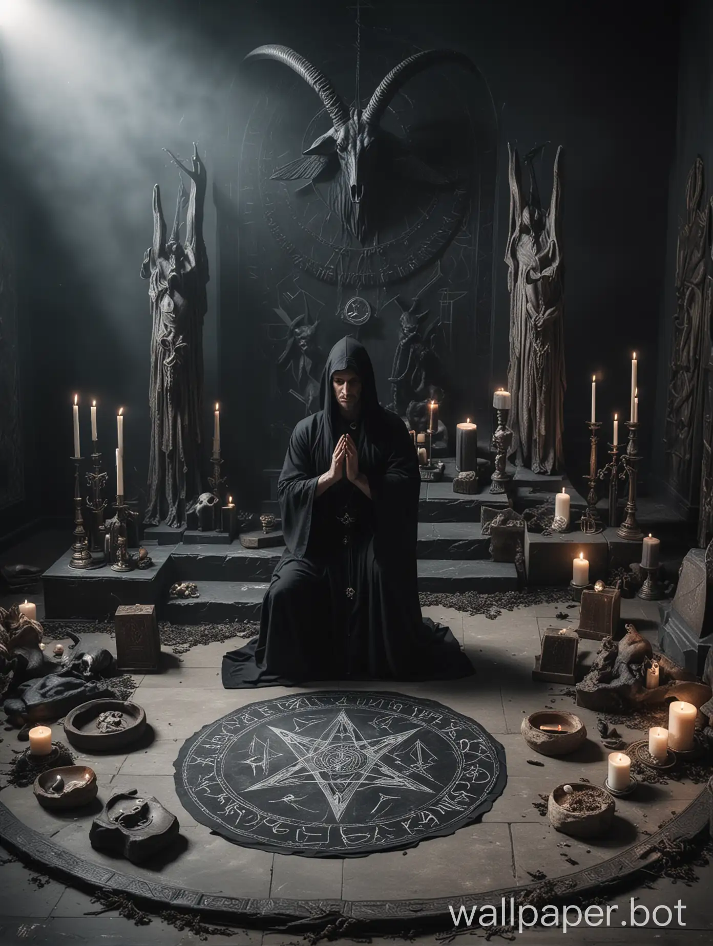 a man in a black robe kneels in front of a Baphomet altar, there must be light, dead souls, creatures are everywhere, occult scene, 