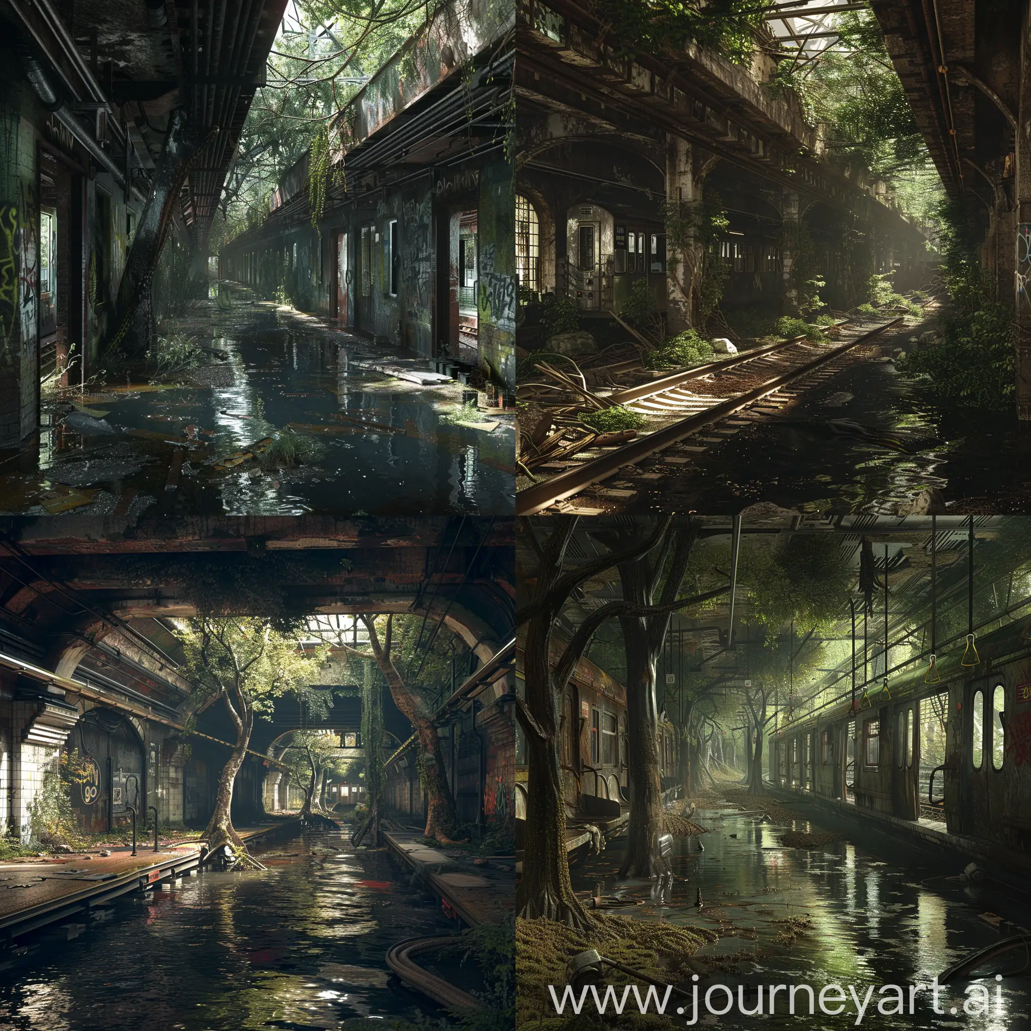 A photograph of the subway, (((subterraneo))), in New York City, post apocalyptic, woods, running water, natural light, realistic, 8K