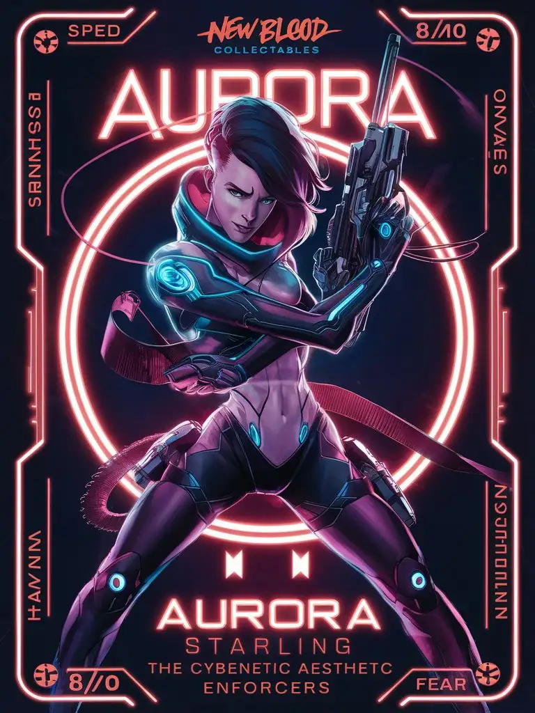 "Design a futuristic title:'New Blood Collectables' card for sub title: 'Aurora Starling the Cybernetic Enforcer', featuring a high-tech warrior with advanced weaponry, with a sleek illustration, neon-lit border, and stats: Strength: 8/10, Speed: 8/10, Intelligence: 9/10, Fear Factor: 8/10."
