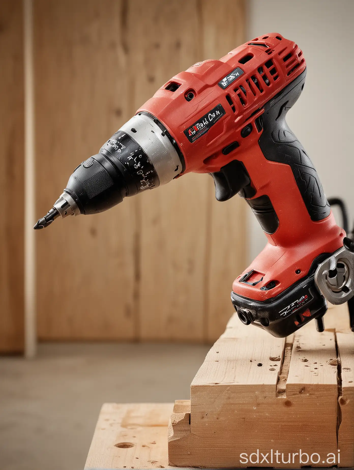 A close-up of a power tool, such as a drill or a saw, with its name and price prominently displayed. The tool should be well-lit and in pristine condition, and the background should be clean and uncluttered.