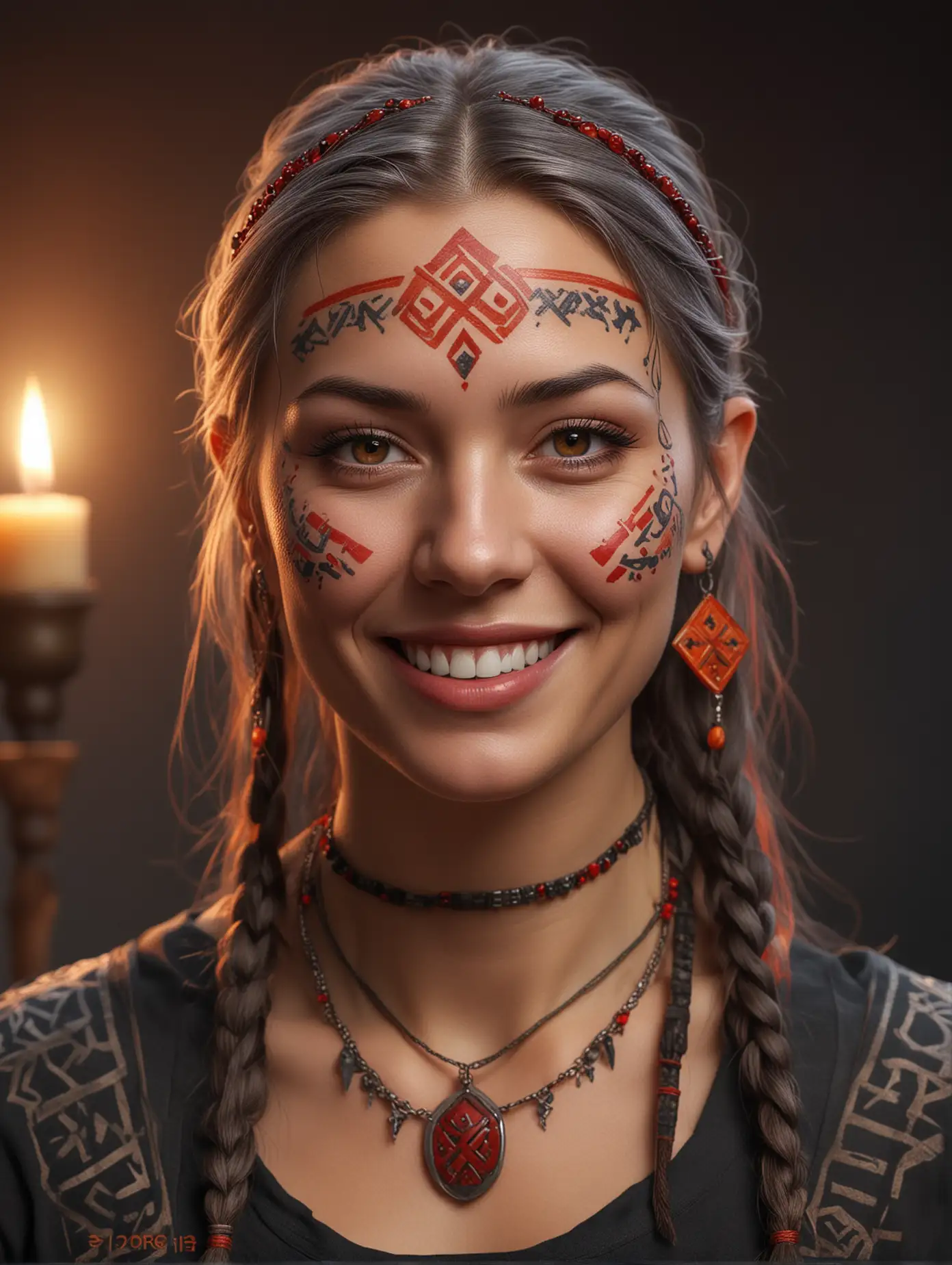 A portrait of a nice smiling younger female nordic shaman with red runic tattoos in face, a very dark reddish and grey hair wearing a dark tunic, adorned with red and orange gems and many golden runic signs : 1. | candles and lanterns : 1. | forge workshop in the back : 1. | Very detailed, sunset, nordic atmosphere : 1. | Highly detailed, high precision, focus on textures, hyperrealistic : 1.