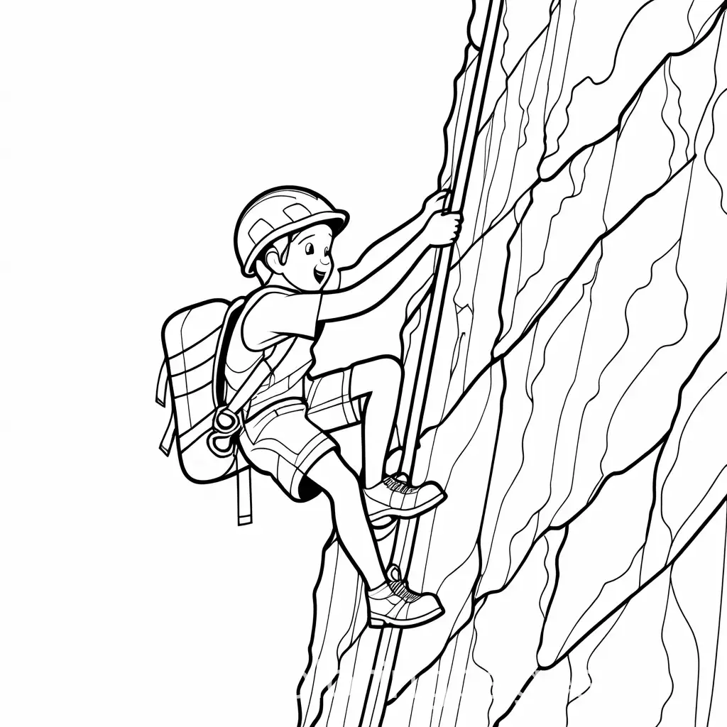 coloring page were a kid is rock climbing, Coloring Page, black and white, line art, white background, Simplicity, Ample White Space. The background of the coloring page is plain white to make it easy for young children to color within the lines. The outlines of all the subjects are easy to distinguish, making it simple for kids to color without too much difficulty