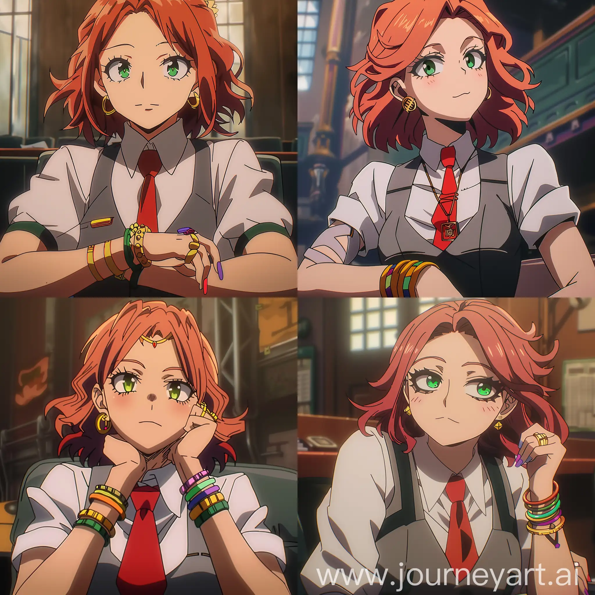 Teenage woman, short red hair, green eyes, gold ear piercing, long nails, colorful bracelets, a white shirt with a red tie and a gray vest, screenshot from the anime My Hero Academia of a Teenage Girl, boku no hero from the BONES studio