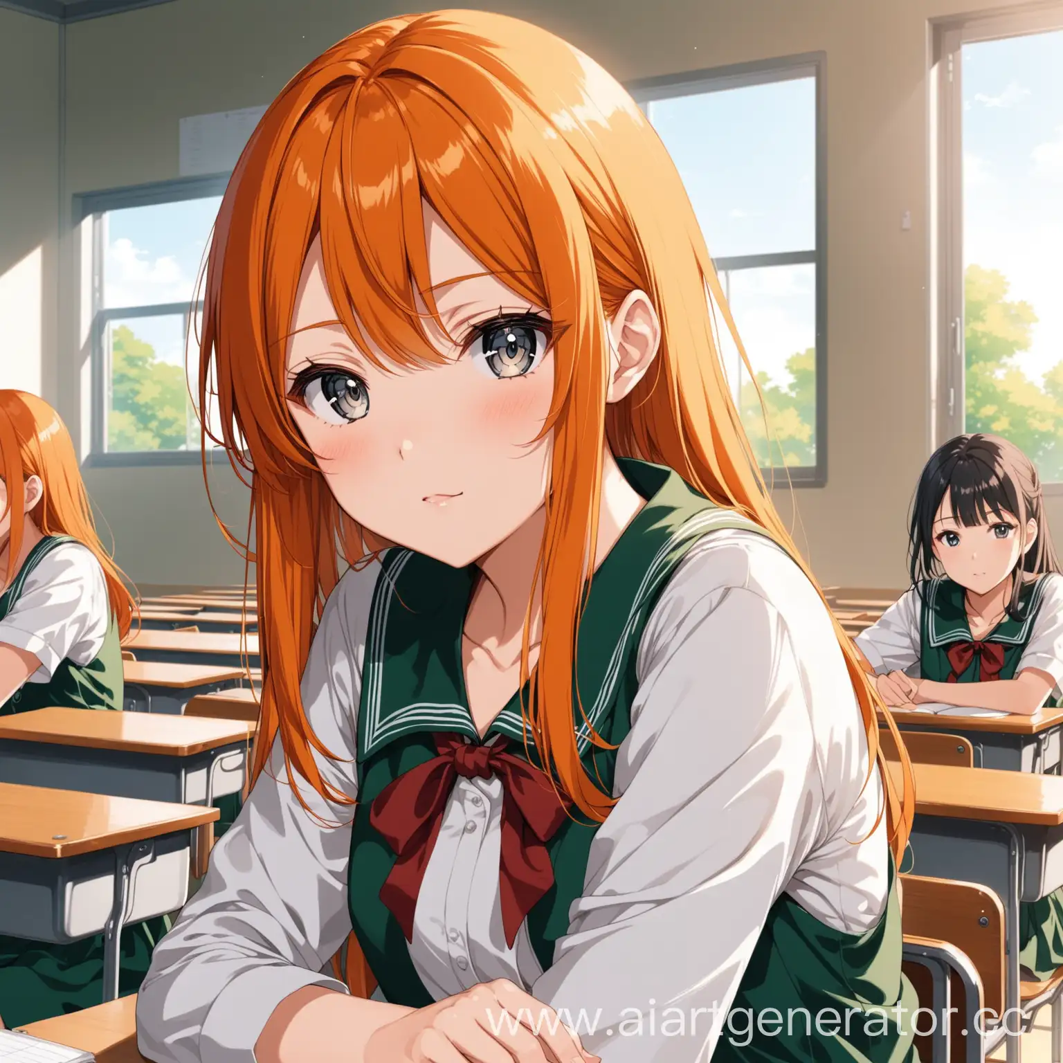 Anime girl with orange hair and gray eyes is sitting in a classroom
