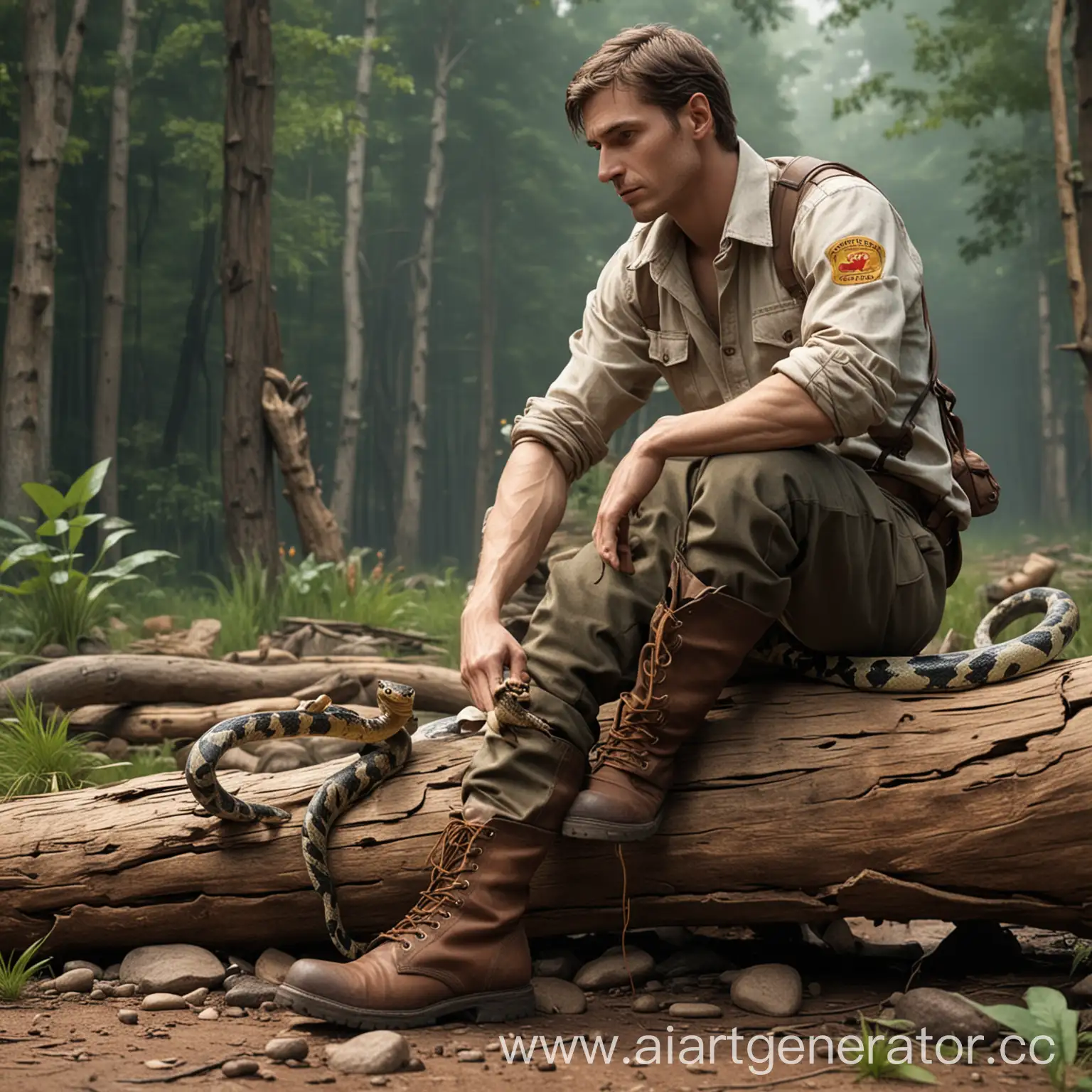 Man-in-Work-Clothes-Sitting-on-Log-with-Aggressive-Snake