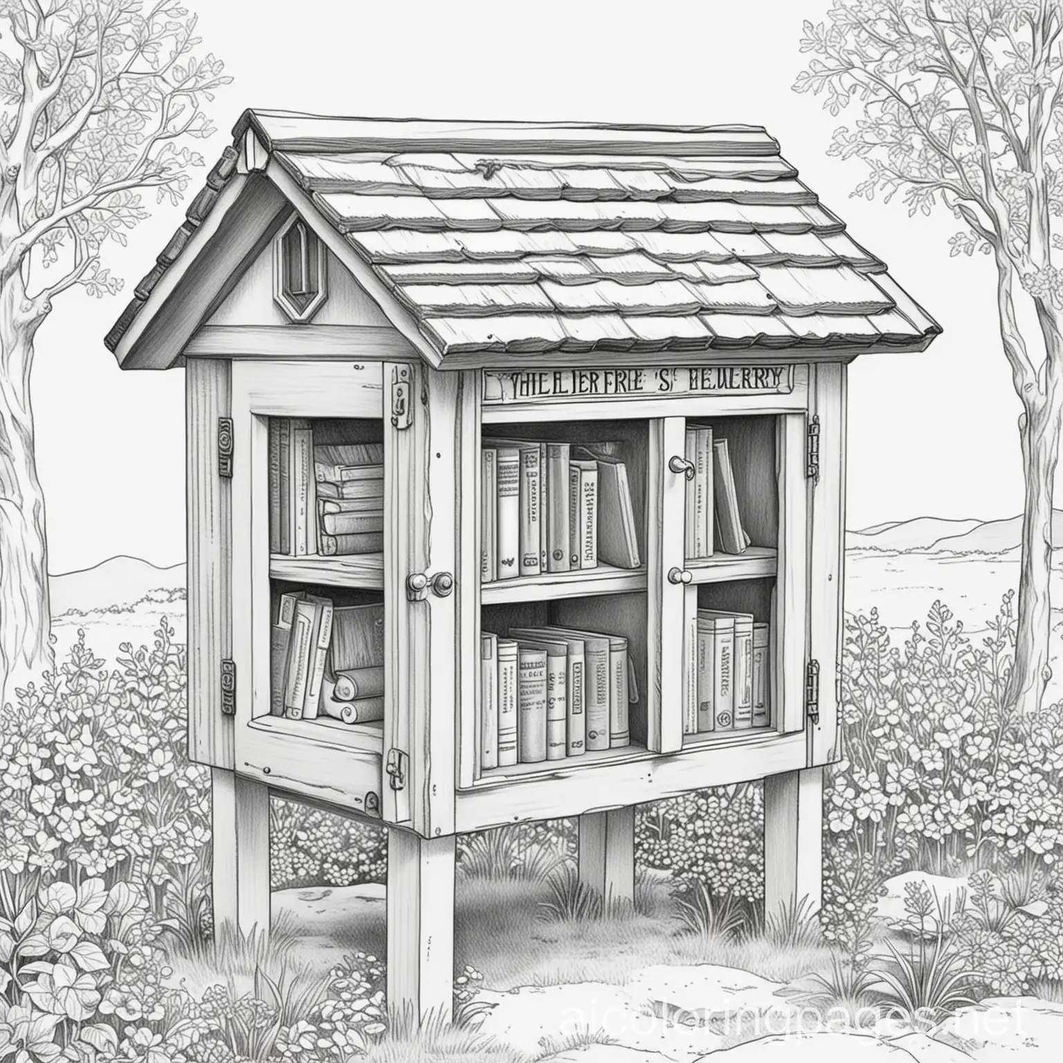 Little Free Library, Coloring Page, black and white, line art, white background, Simplicity, Ample White Space. The background of the coloring page is plain white to make it easy for young children to color within the lines. The outlines of all the subjects are easy to distinguish, making it simple for kids to color without too much difficulty