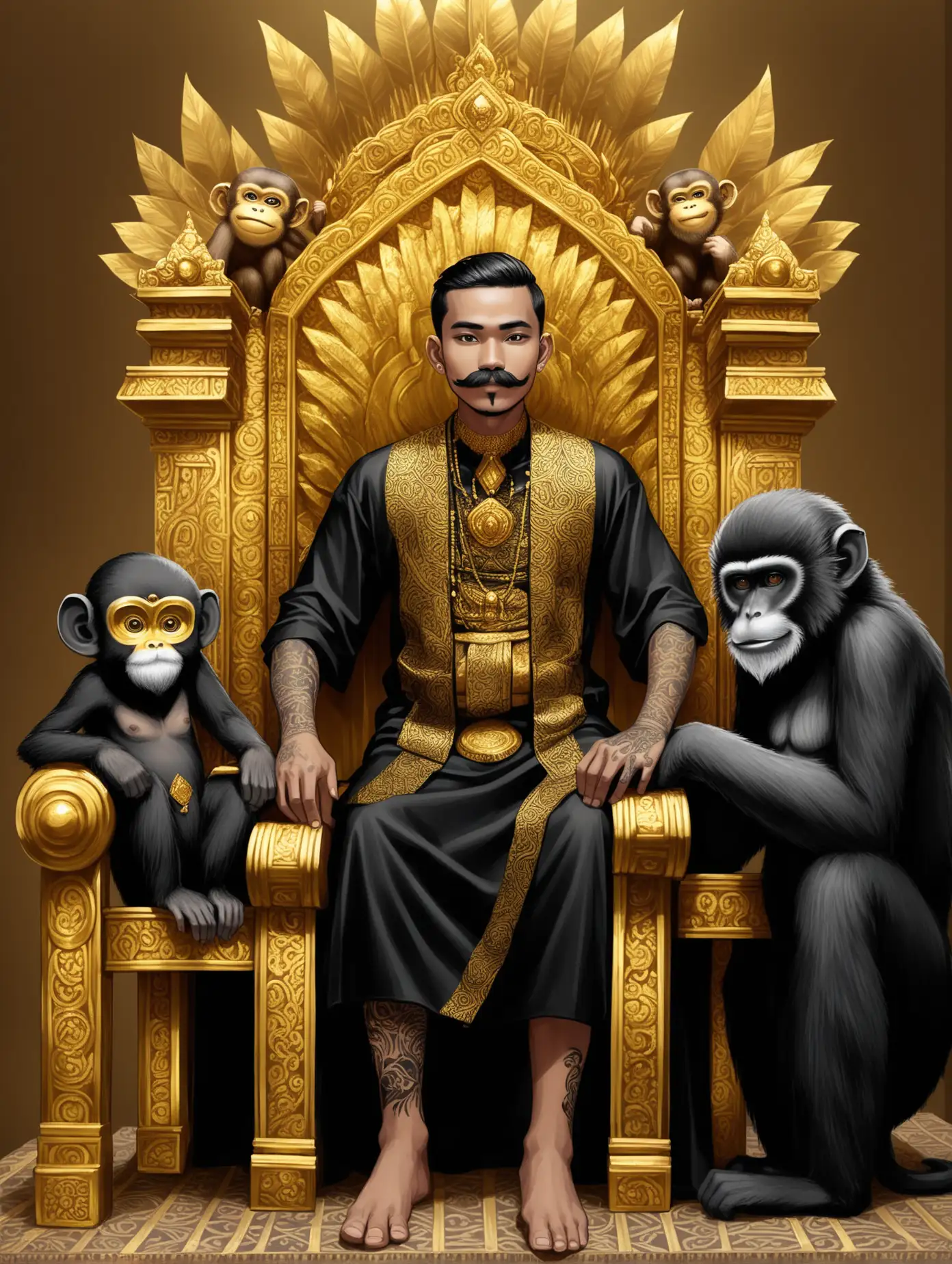 a 25 year old Indonesian man, thick mustache and tattooed all over, sitting on a golden throne wearing black cloth, ancient Indonesian clothes, with gold jewelry, and a black monkey by his side