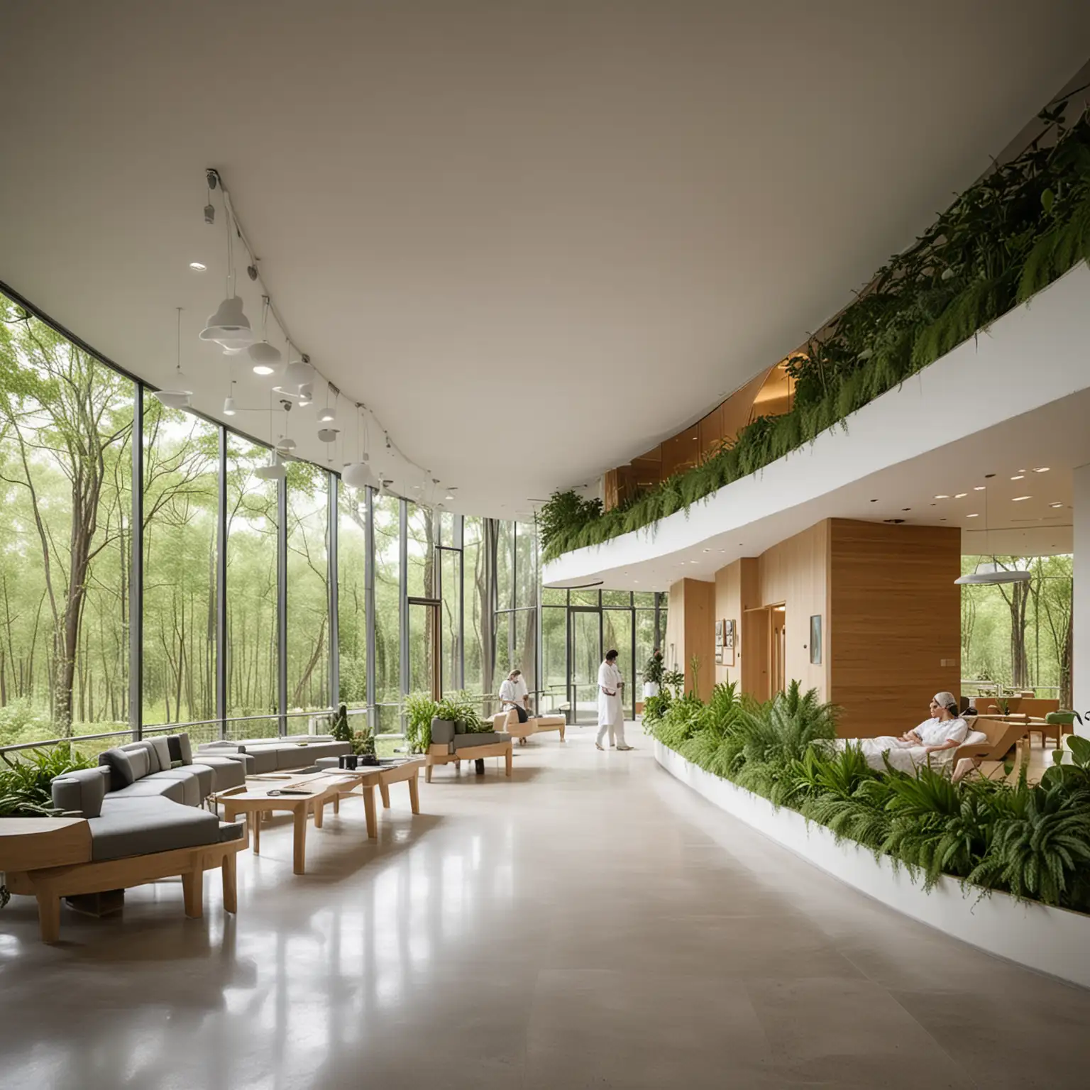 Moderne Klinik umgeben von Natur, Menschen fühlen sich wohl und können sich erholen, die Atmosphäre ist entspannt, es laufen Krankenpfleger herum und kümmern sich um die Patienten, die Architektur ist modern und geprägt von organischen Formen