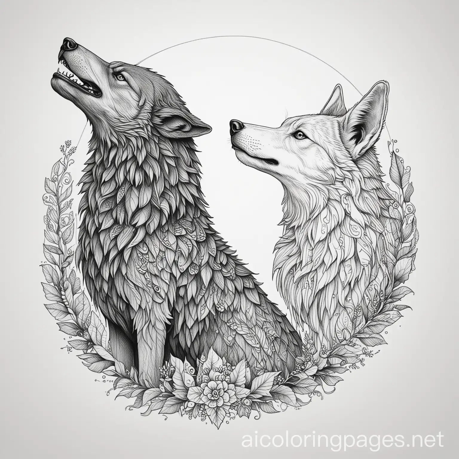 wolf and raven, Coloring Page, black and white, line art, white background, Simplicity, Ample White Space