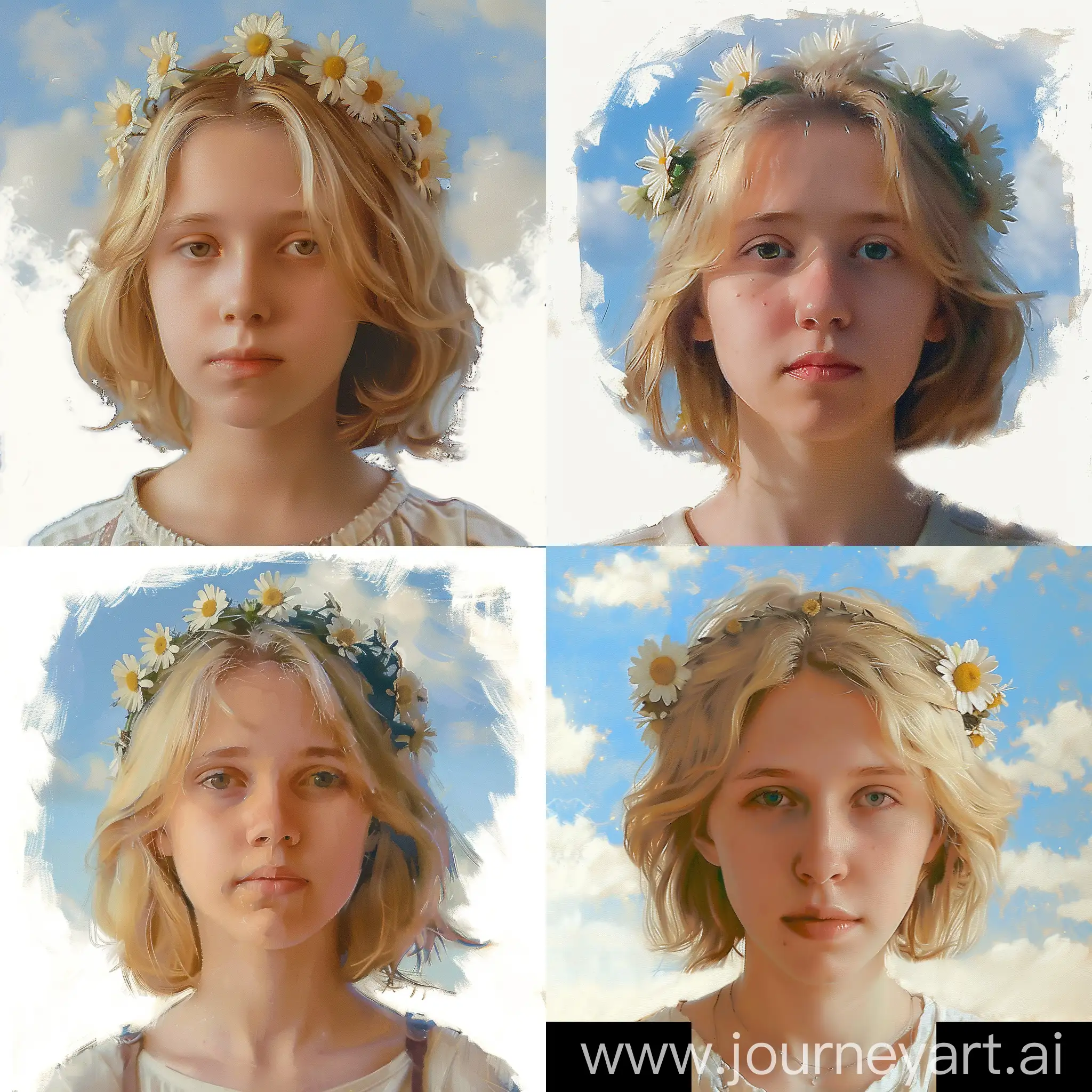 ::young girl: wreath of daisies: blue sky warm sunny day: : illustration style: : --ar 16:9