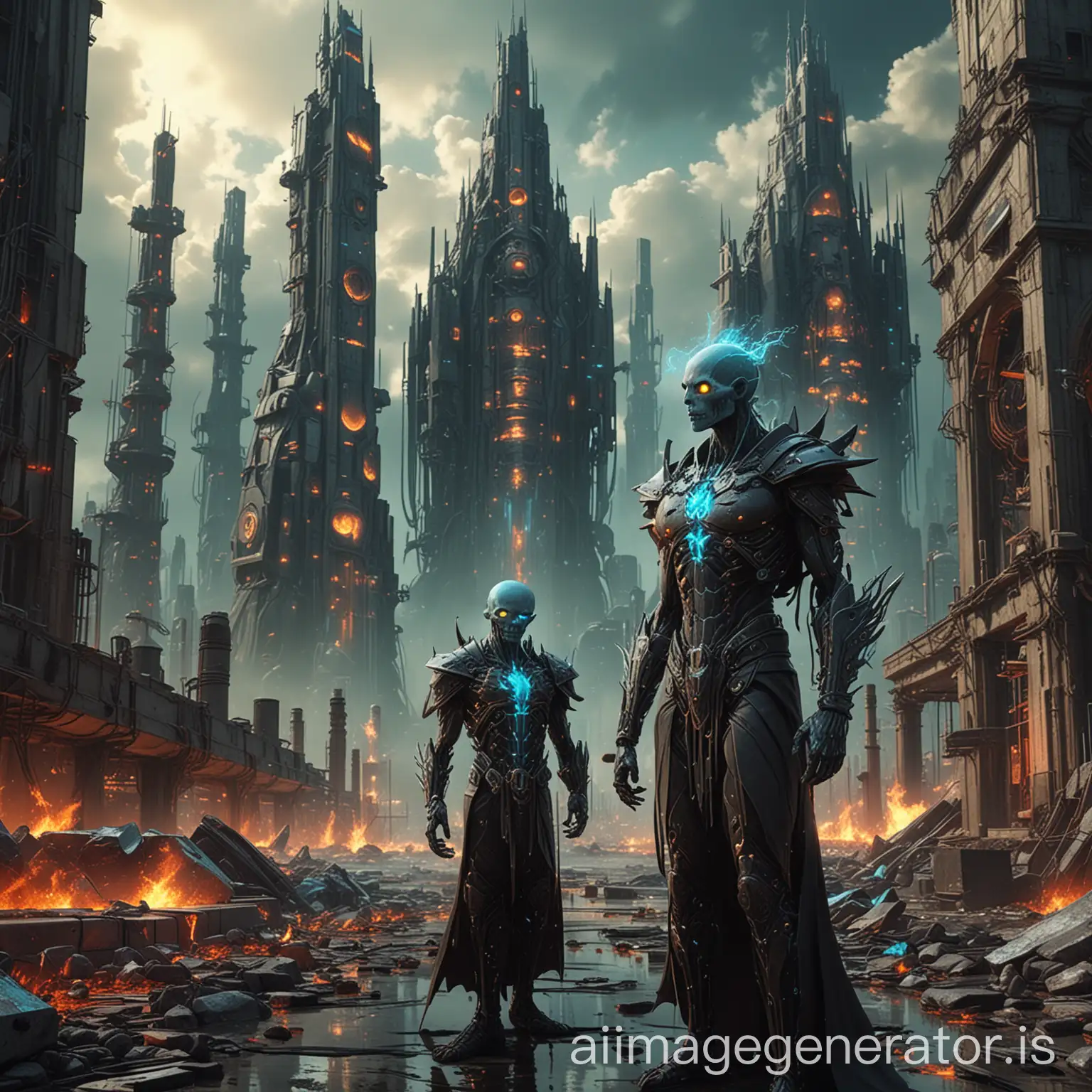 A surreal and highly detailed image featuring  necromancer, each with distinct facial features shaped like trapezoids. One necromancer emits aqua-themed energy bolts, while the other emits neon-blue energy bolts. They stand in front of a futuristic cityscape, complete with towering concrete buildings and distillation petrochemical columns, with a palette dominated by red and acid yellow hues. The atmosphere is enhanced by a photo filter that displays black clouds, and the image employs advanced Ray Tracing Global Illumination technology, Optics, Scattering, and Glow effects to create an insanely detailed and intricate scene. 