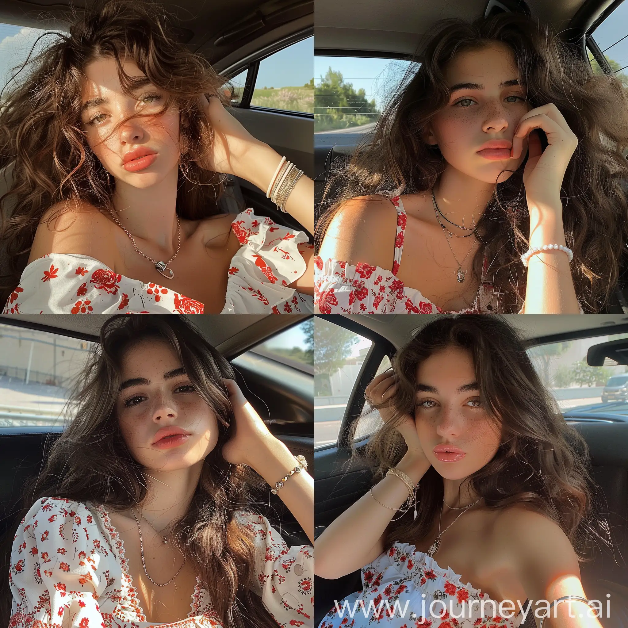 Aesthetic Instagram selfie of an Italian teenage girl in car, super model face, one hand on face, half length hair, very full hair, bushy eyebrows, bracelet, looking away from camera, light brown eyes, white and red cute dress, necklace 