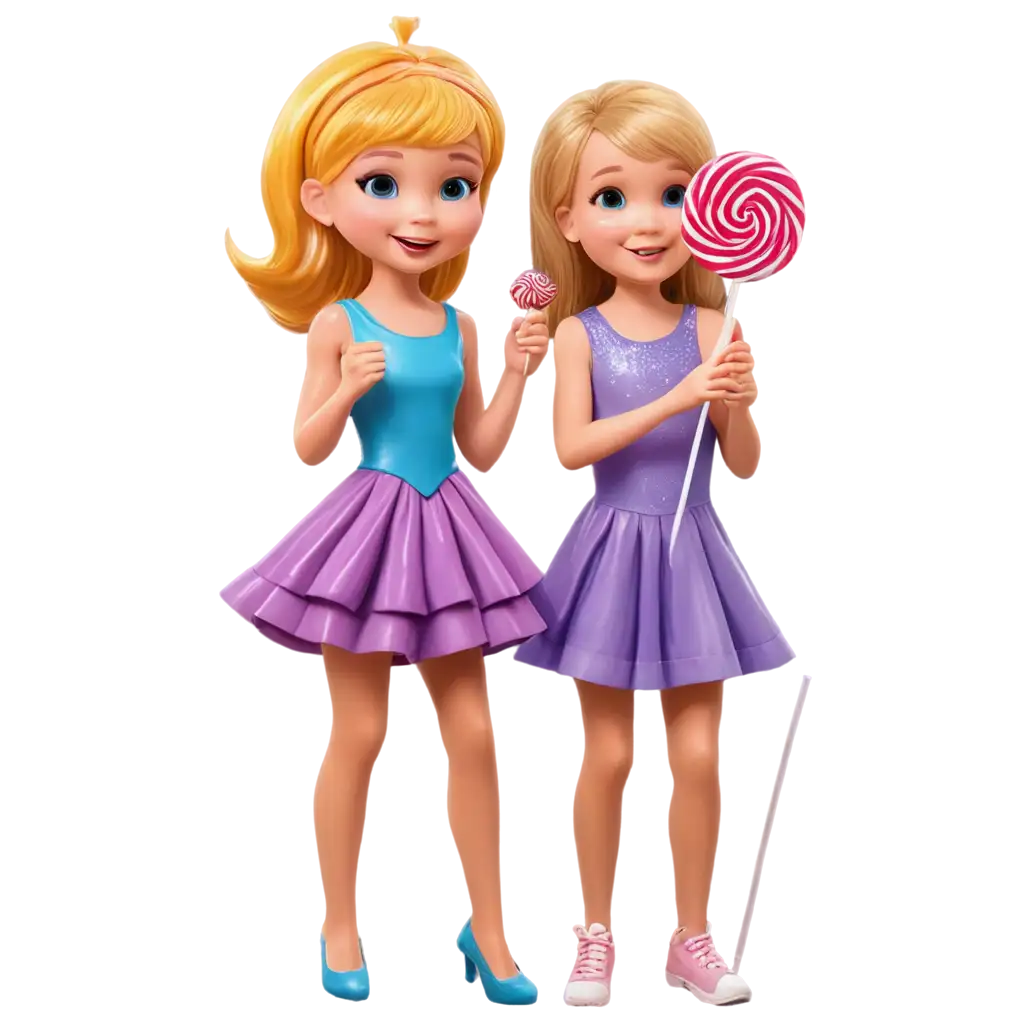 cute child with blond hair cartoon. this child is a girl and she is very excited to be celebrating her birthday with her little sister who is right next to her. they are both dressed up fancy in colorful, sparkly outfits. they are having a candy themed birthday party so they are holding lollipops.