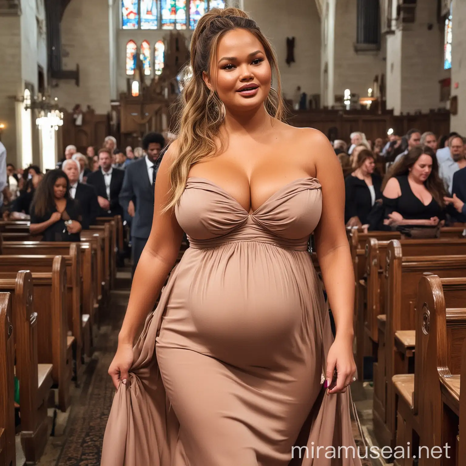 Chrissy Teigen with big pregnant belly in church, bbw, giant breasts, showing massive cleavage, big long kinky hair in a ponytail, wearing strapless dress