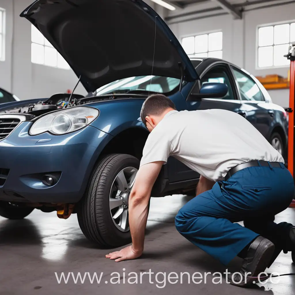 Man-Inspecting-Automobile-in-Garage