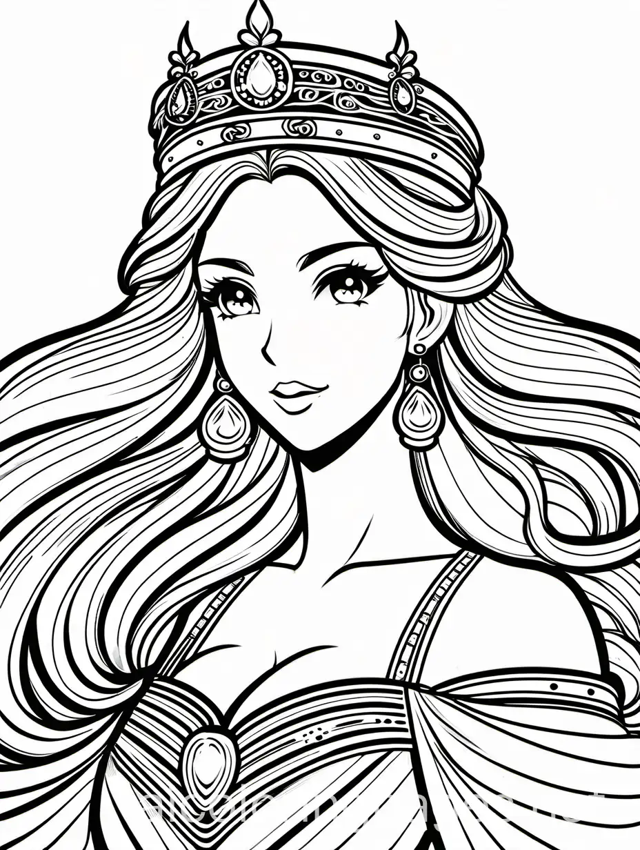 anime as american princess, Coloring Page, black and white, line art, white background, Simplicity, Ample White Space. The background of the coloring page is plain white to make it easy for young children to color within the lines. The outlines of all the subjects are easy to distinguish, making it simple for kids to color without too much difficulty