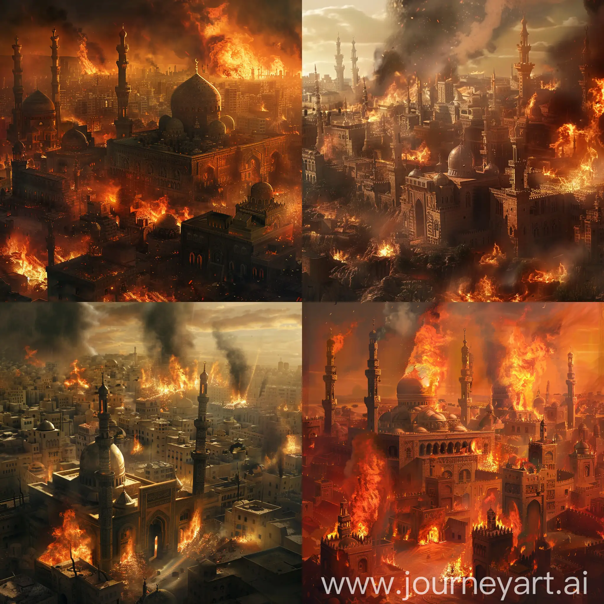 Сгенерируй даджаля, фон: город в ближнем востоке и он горит.