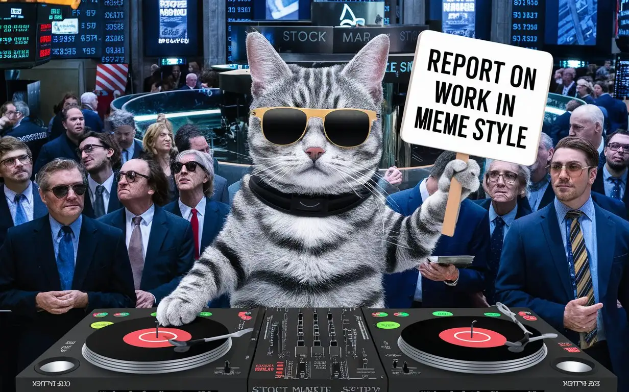Gray-Striped-Cat-DJ-in-Sunglasses-at-Exchange-Offers-Work-Report-in-Meme-Style