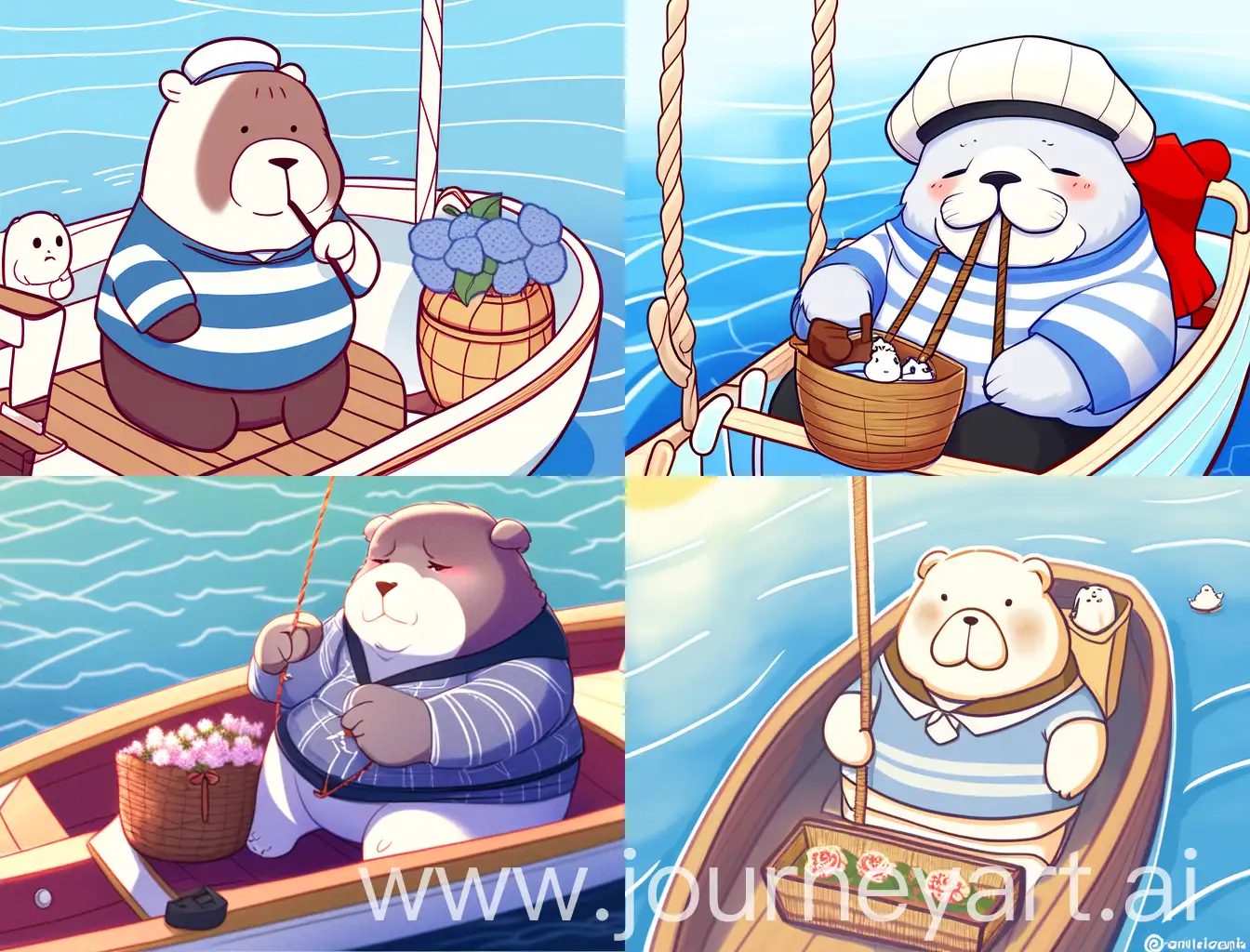 A cute walrus, sitting on a boat, knitting, wearing a white and blue striped shirt, smiling, cartoon, cute