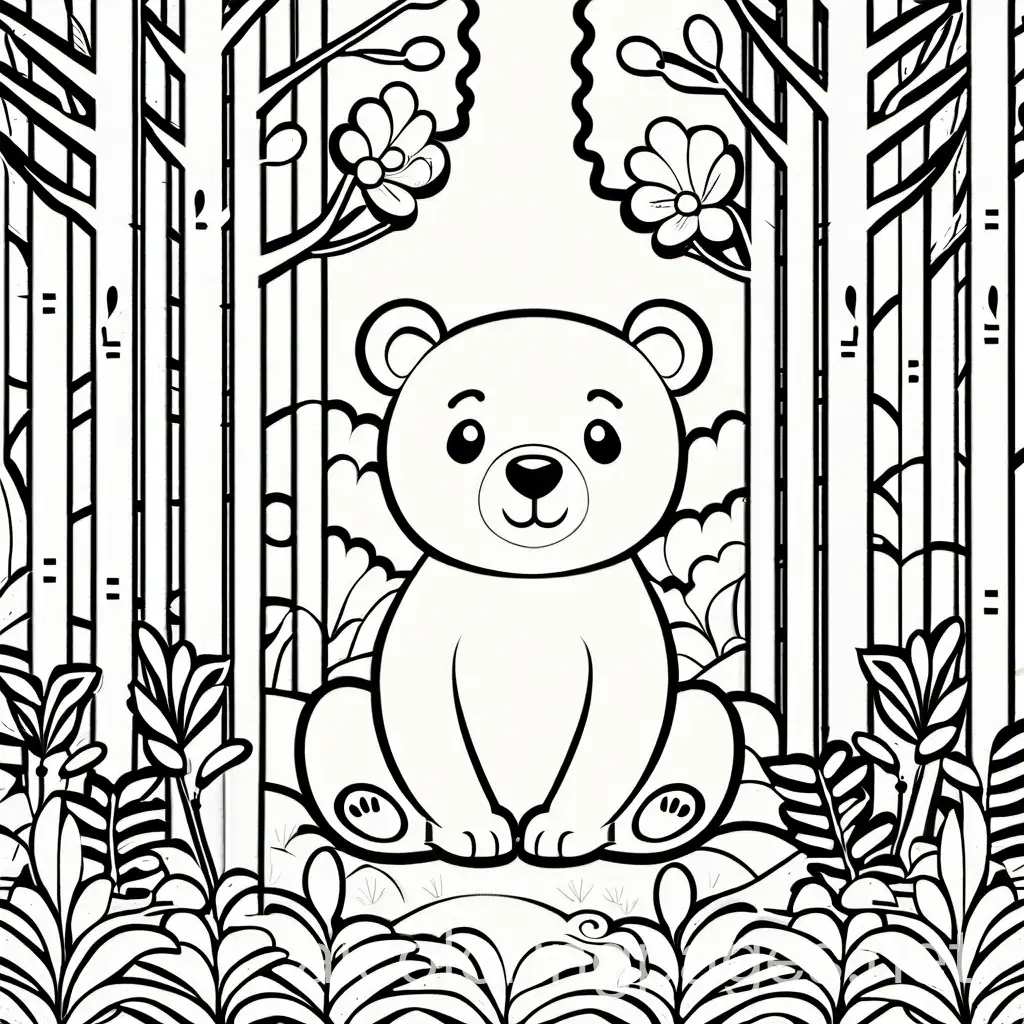 A smiling bear cub in a forest with trees and flowers., Coloring Page, black and white, line art, white background, Simplicity, Ample White Space. The background of the coloring page is plain white to make it easy for young children to color within the lines. The outlines of all the subjects are easy to distinguish, making it simple for kids to color without too much difficulty