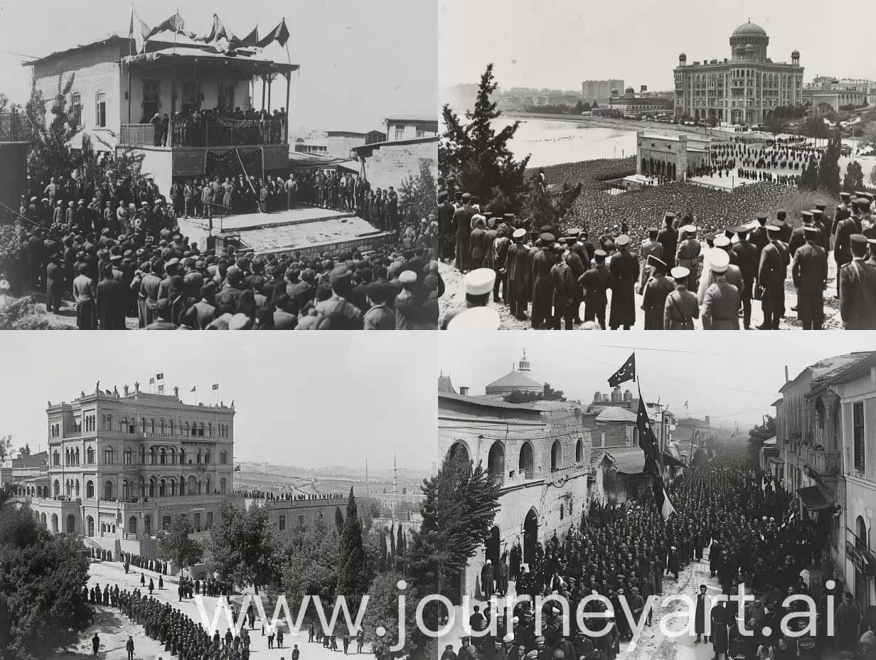 The establishment of the Azerbaijan Democratic Republic was realized on May 28, 1918, when the Azerbaijan National Council declared an independent state and was legally established with the "Law on the Independence of Azerbaijan". 20th century, best quality, black and white.