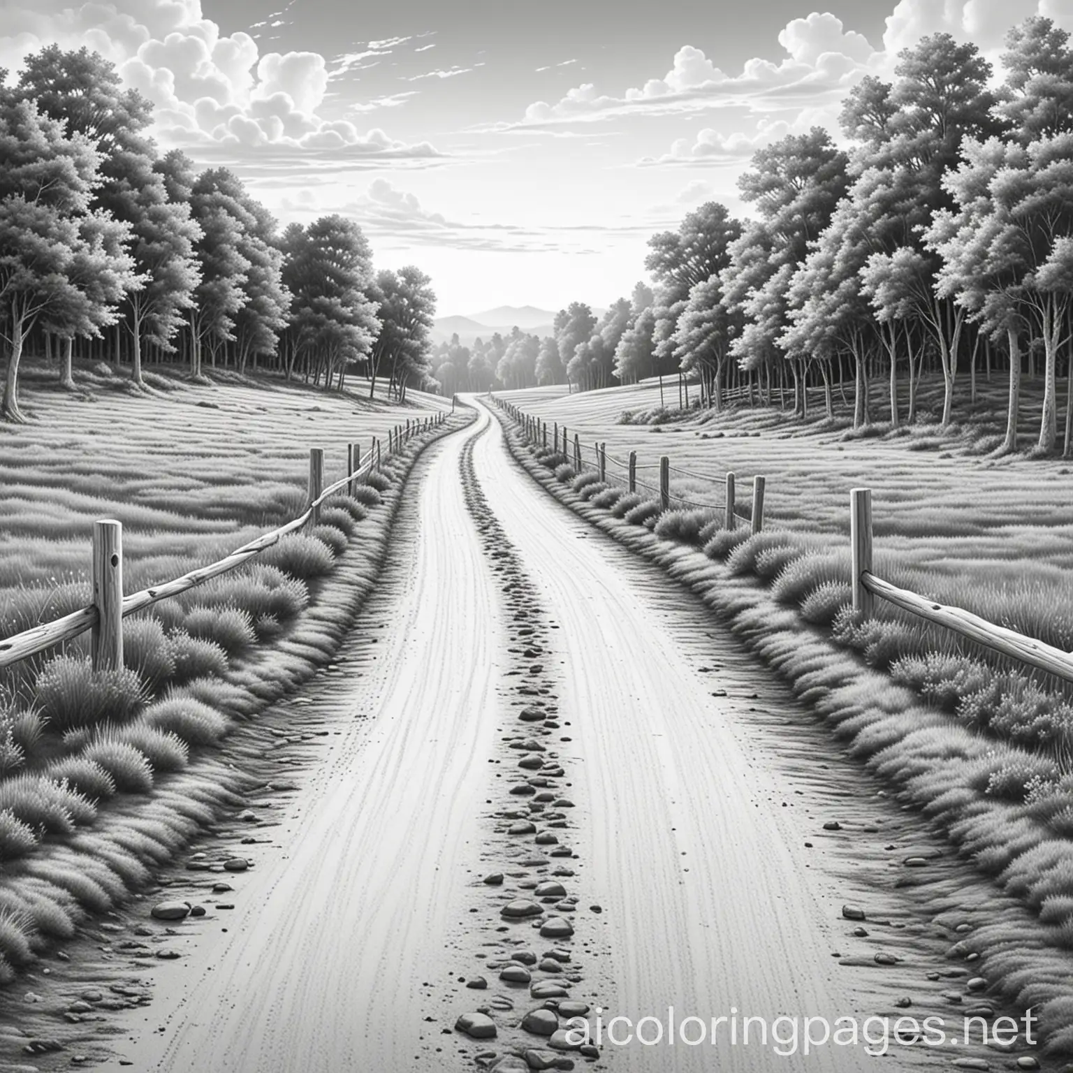 Grayscale country dirt road, Coloring Page, black and white, line art, white background, Simplicity, Ample White Space. The background of the coloring page is plain white to make it easy for young children to color within the lines. The outlines of all the subjects are easy to distinguish, making it simple for kids to color without too much difficulty.
