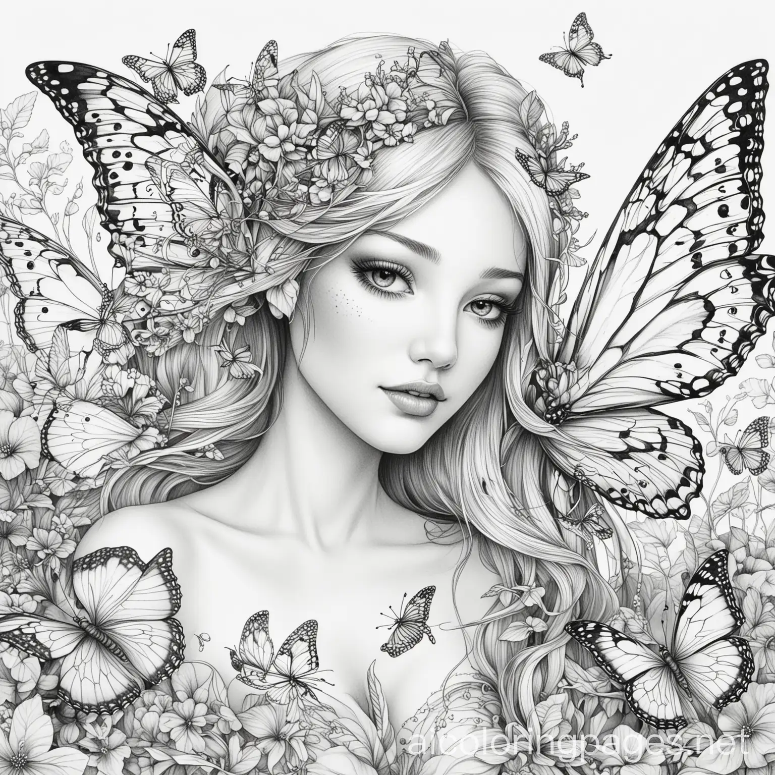 butterflies all around a fairy, Coloring Page, black and white, line art, white background, Simplicity, Ample White Space