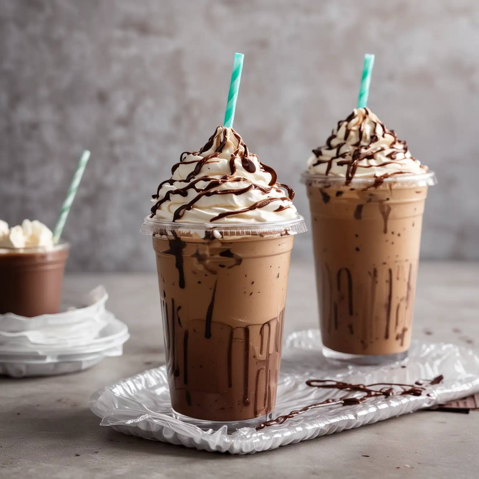 iced chocolate mocha espresso latte. White whip cream with chocolate drizzle on top. in a clear plastic disposable cup with dome lid with a single straw.  Shaved chocolate in background.