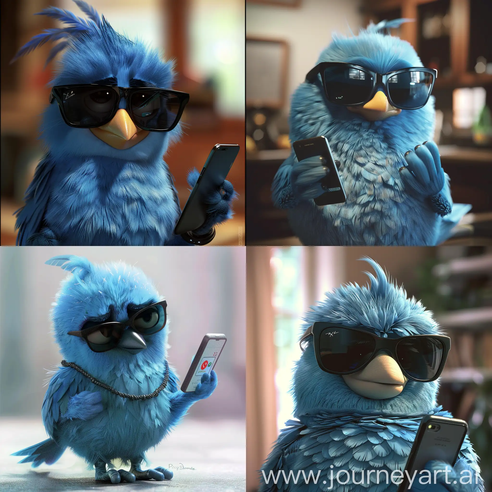 The Blue Bird from Twitter X, cool and kind look, black sunglasses, looks you in the eye and shows you his phone. , style Pixar 