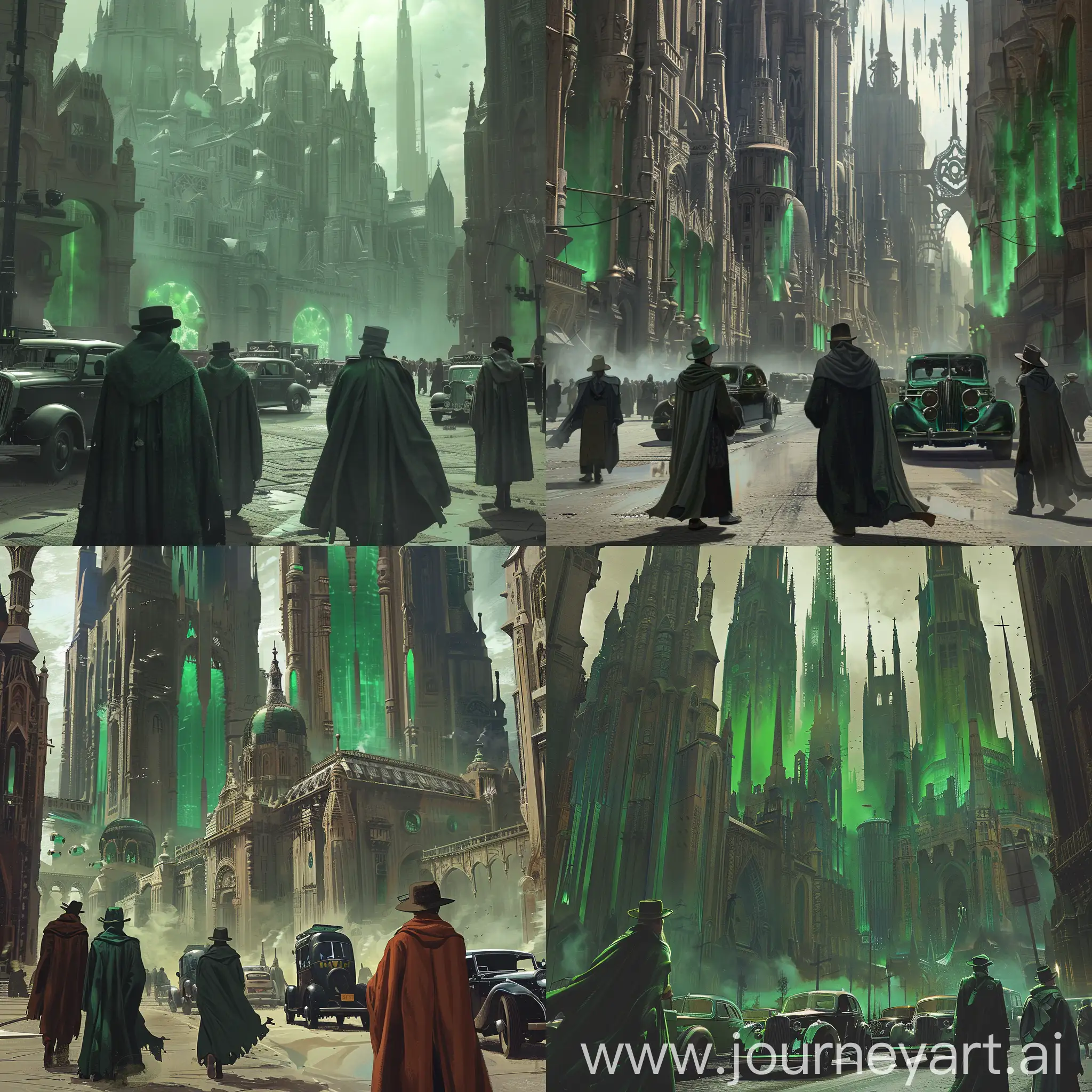 Gothic-Cityscape-with-Green-Atmospheric-Zones-and-Vintage-DieselPunk-Automobiles