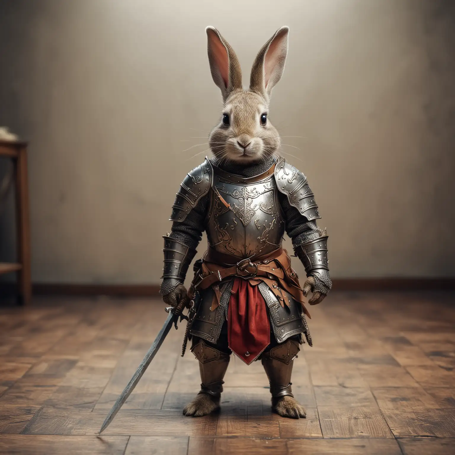 милый невысокий кролик-воин в средневековой броне в полный рост стоит на полу