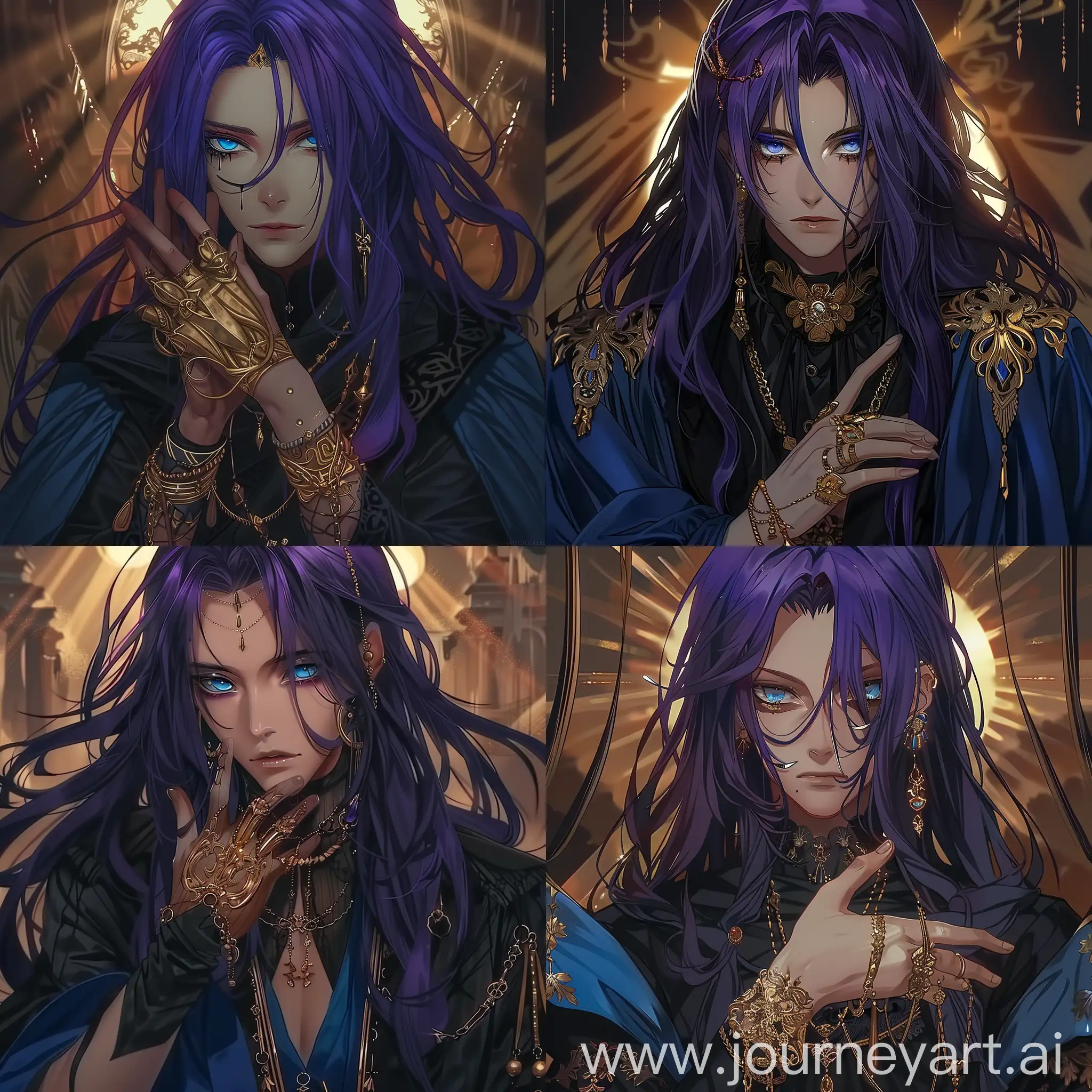 Feminine looking male, 
Long purple hair, blue eyes with a soulless stare and no highlights, 
many golden accessories/jewelry, high quality, detailed, little bit darker skin, emotionless, elegant, mysterious, serious, calm, ethereal, victorian gothic/Ouija styled black clothing with dark blue lining, proportional hands, only 5 fingers on each hand, detailed hands, proportionate hands, masculine and feminine, slim-ish body, Dark, detailed, high quality, impressive lighting, dim overall lighting, sun rays, mysterious, stunning, desert royalty type 