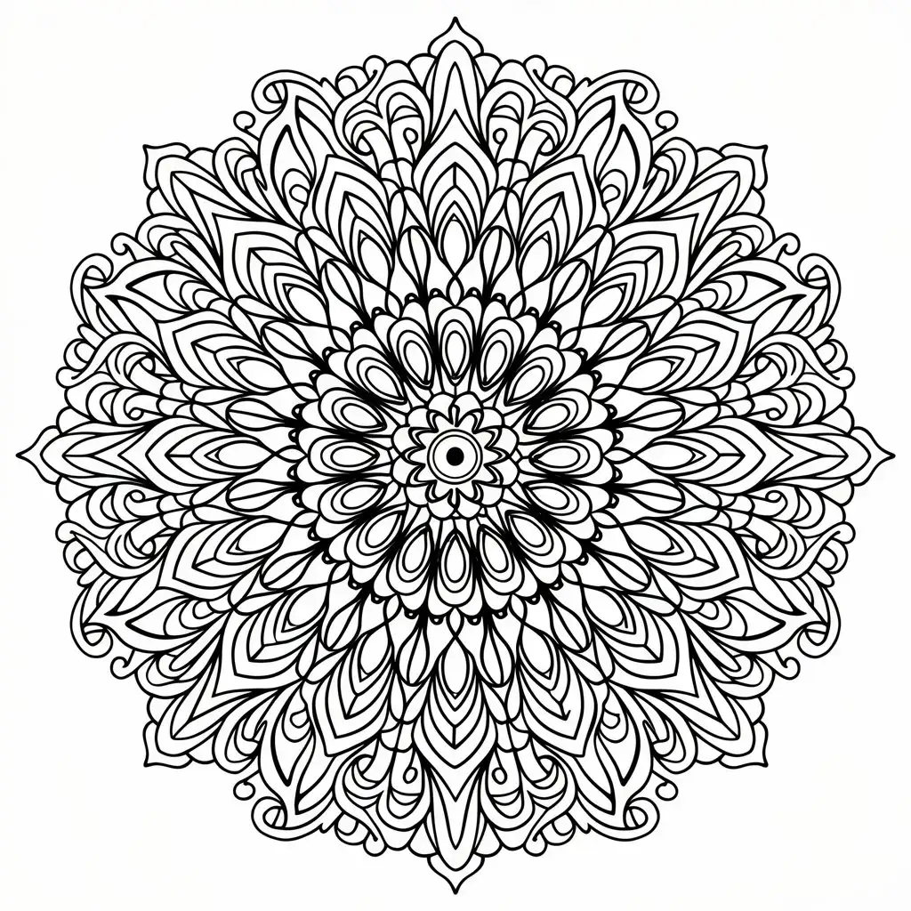 Intricate Mandala Coloring Page for Adults Black and White Line Drawing