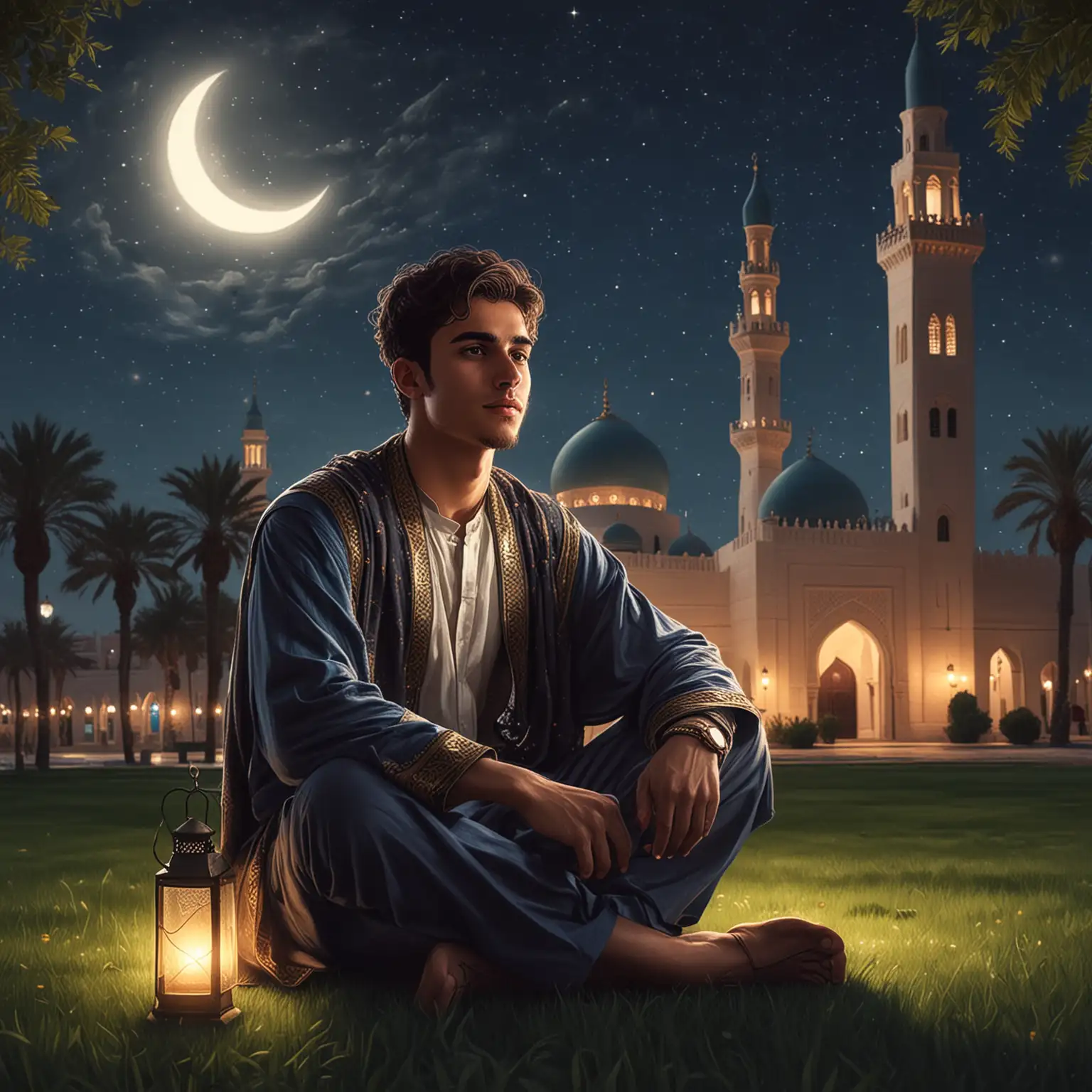 Draw a young man in Arab attire sitting on the grass in front of a mosque at night with lights and a crescent and a small lamp with features of my face from my Facebook account