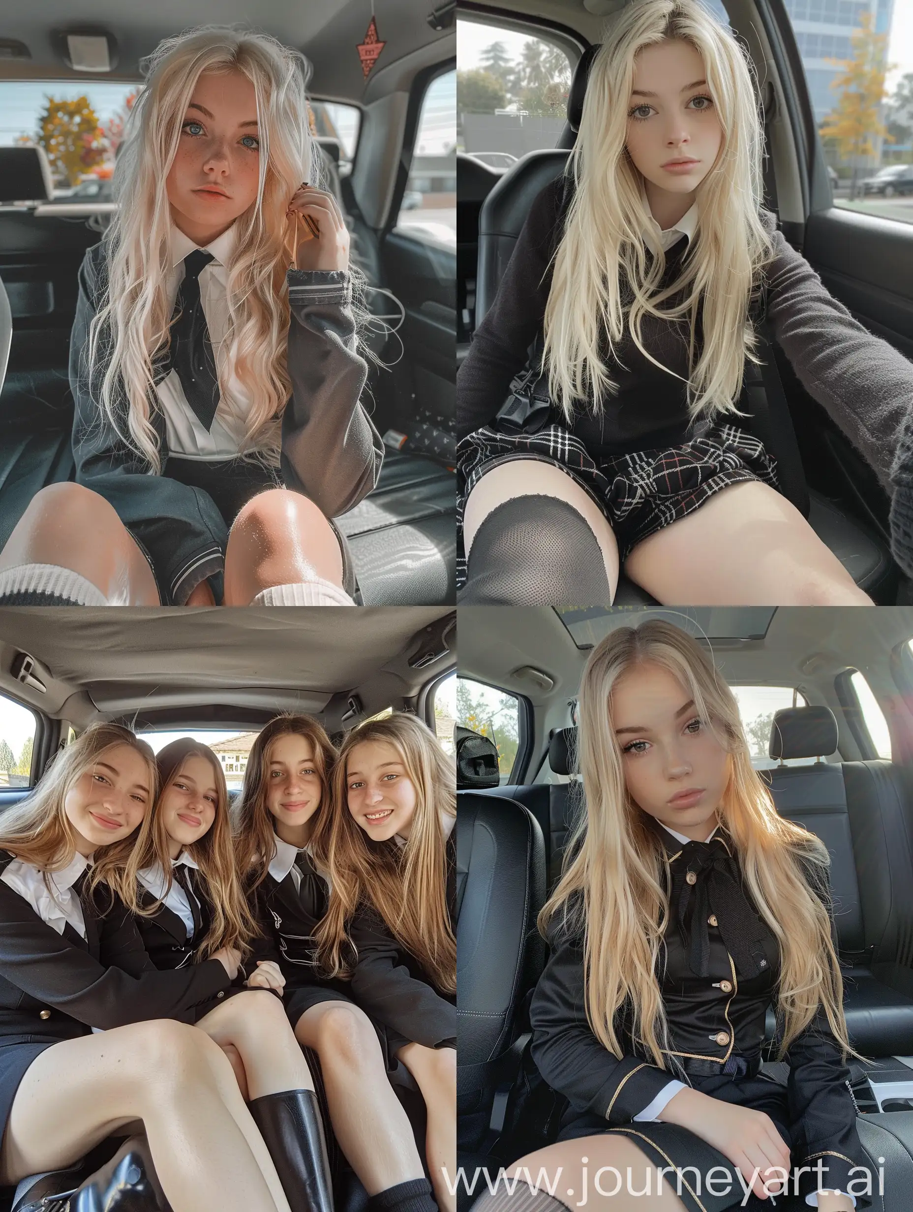 5  girls, real photo, iphone photo with no filters,  ,  , 22 years old, blonde hair, school uniform, , , , natural, , , makeup,  fat legs, no , front view, inside car, ,  , black boots