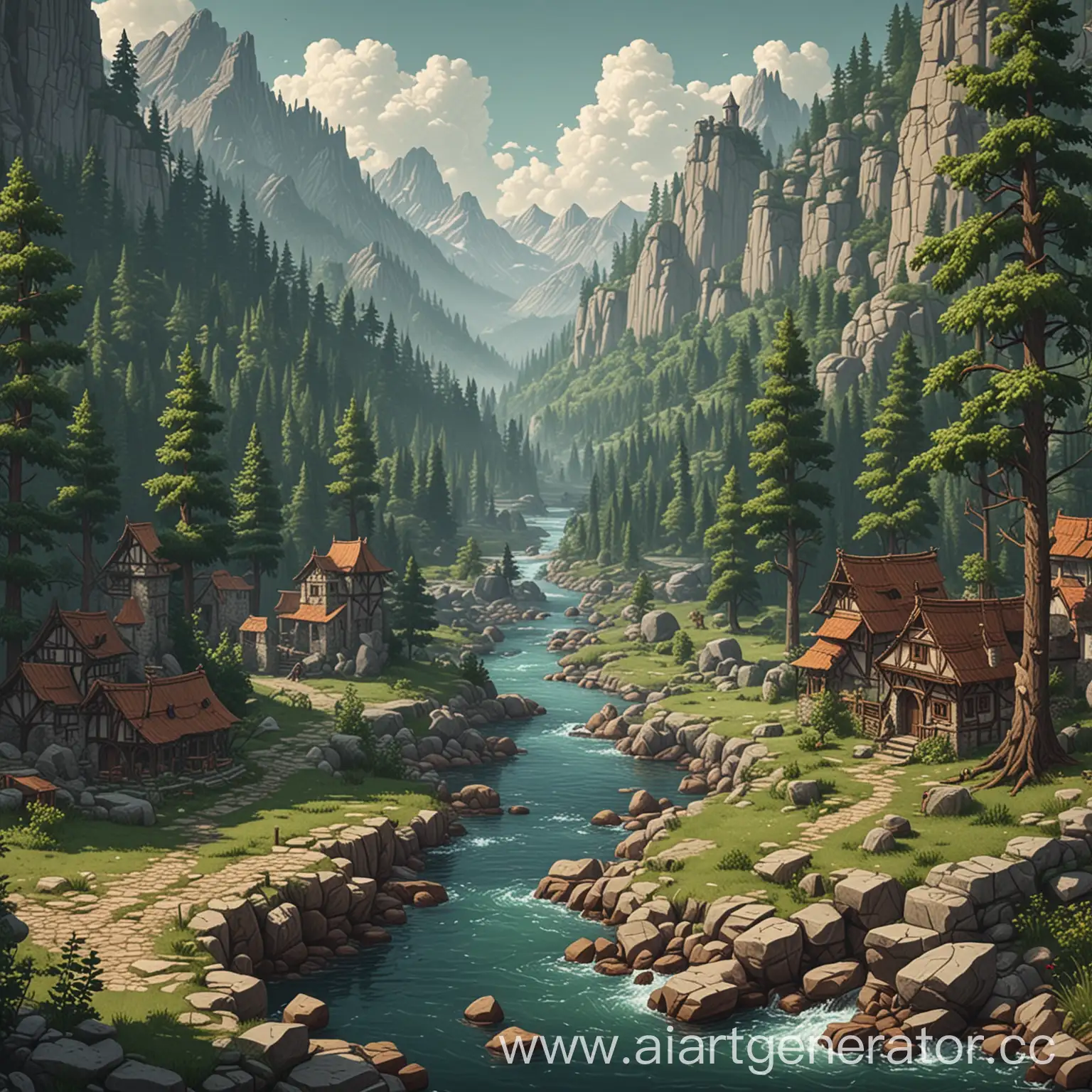 Medieval-Pixel-Art-Landscape-Forest-Mountains-and-River-Scene